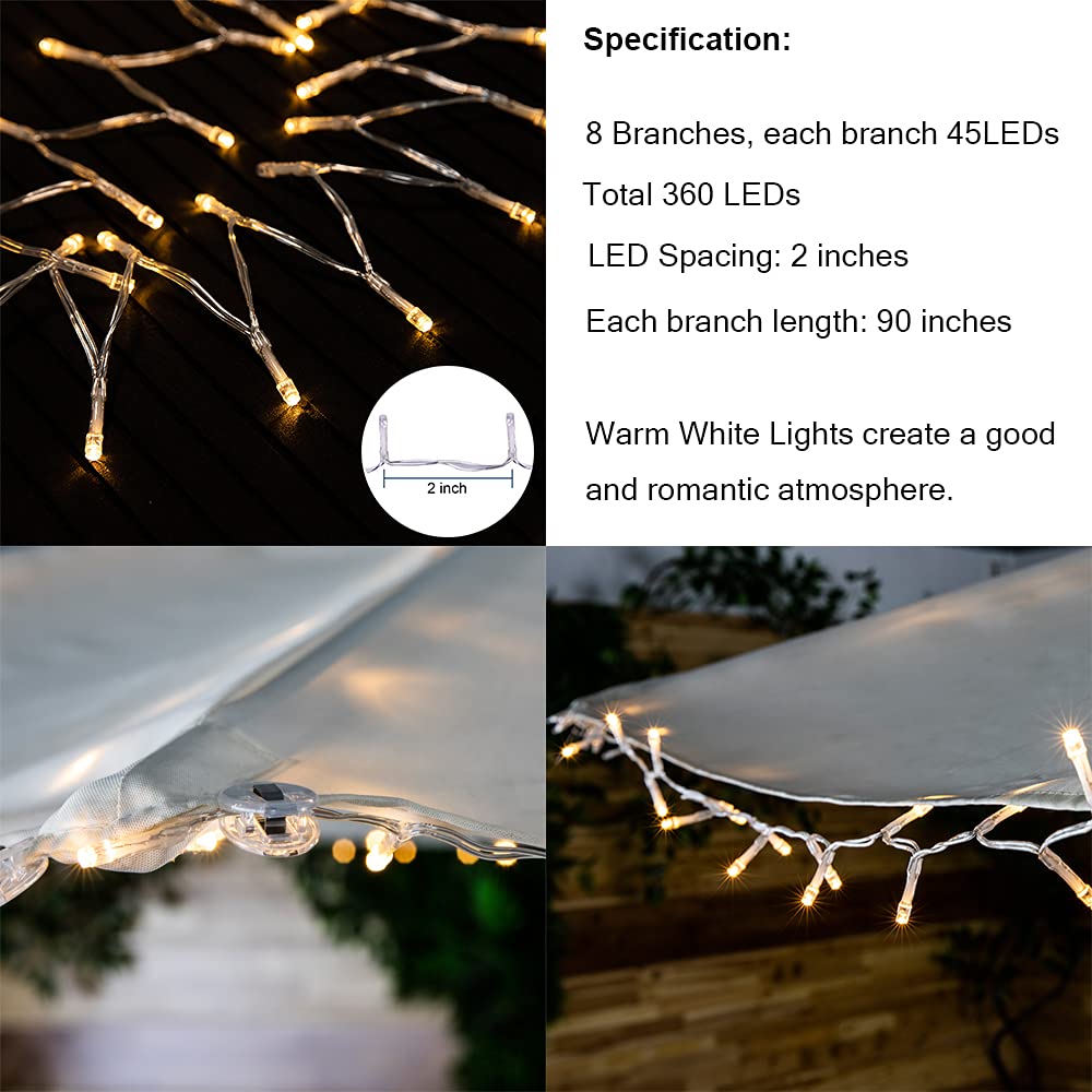Solar Patio Umbrella String Lights, 360 Warm White LED, Waterproof Fairy Lights for Outdoor, Garden, Wedding, Party, Christmas