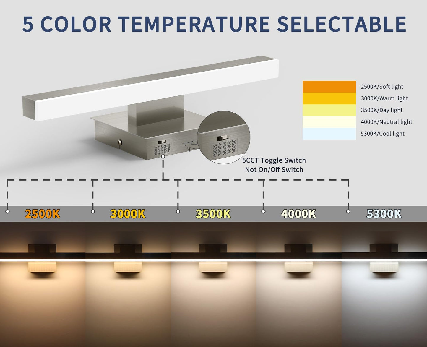 Joossnwell 15.74” Brushed Nickel LED Vanity Light Bar, 5CCT Dimmable Modern Bathroom Fixture, ETL Certified, Over Mirror
