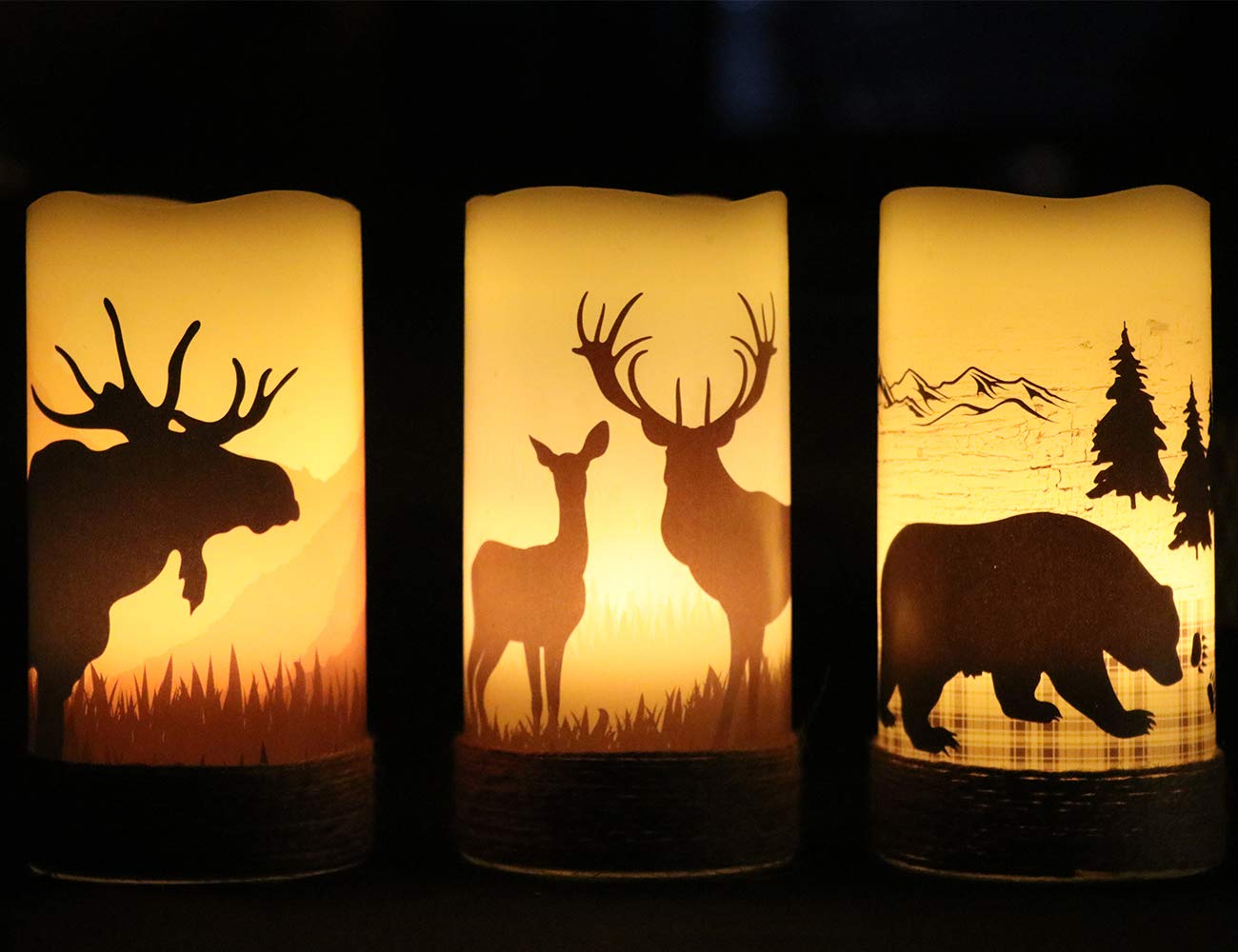 GenSwin Set of 3 Flameless LED Rustic Pillar Candles with Deer, Moose & Bear Decals, 6H Timer, Hemp Rope, Battery Operated, Warm Light