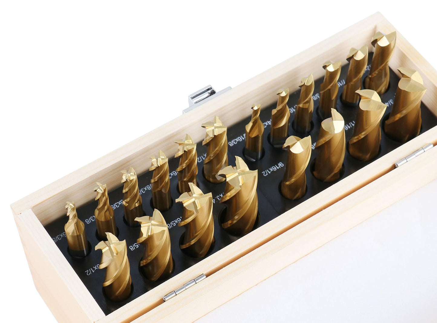 Accusize Industrial Tools 20-PC TiN-Coated H.S.S. End Mill Set, Inch Sizes 3/16" to 3/4", 2F and 4F, Straight Shank, Wood Case, 1810-0100