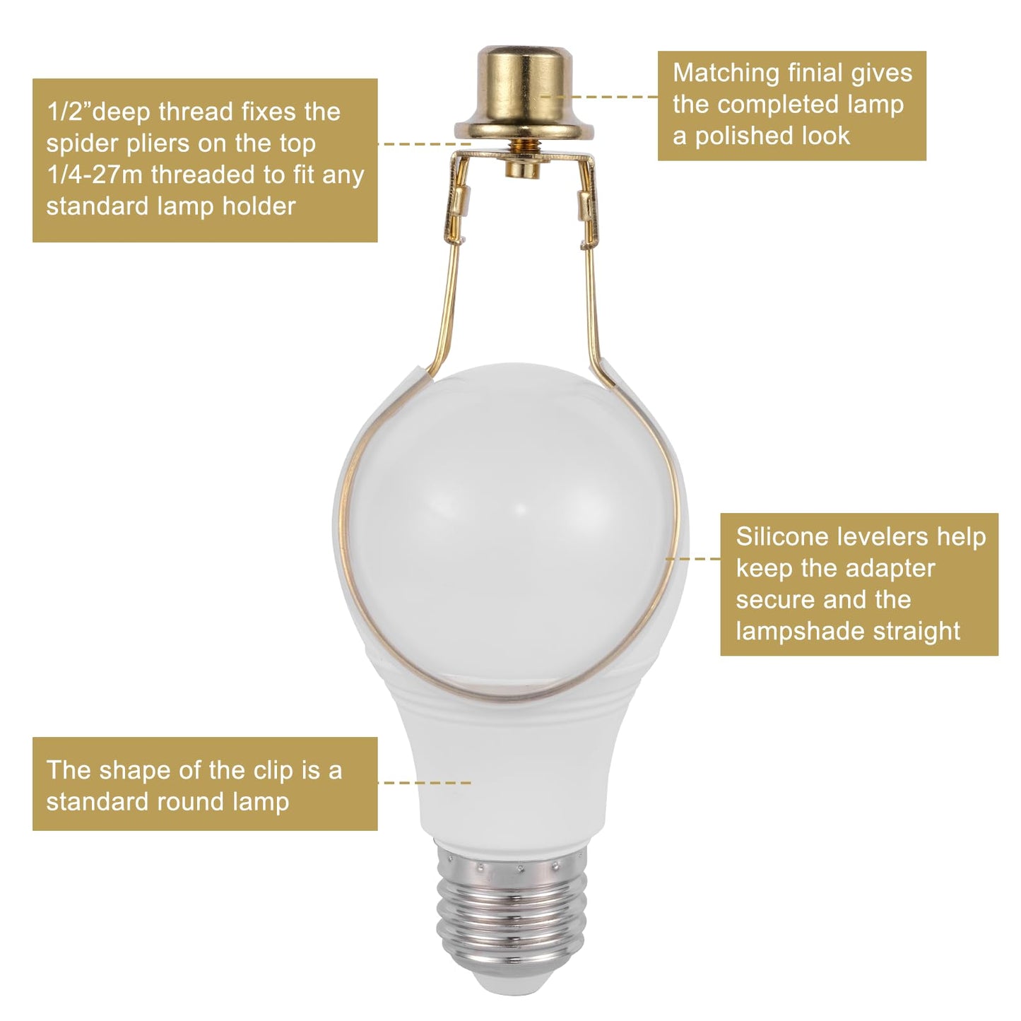 Lamp Shade Holder Clip Adapter for Light Bulb, Clip-On Lampshade Adapter with Finial & Levellers, Spring Clip, Gold