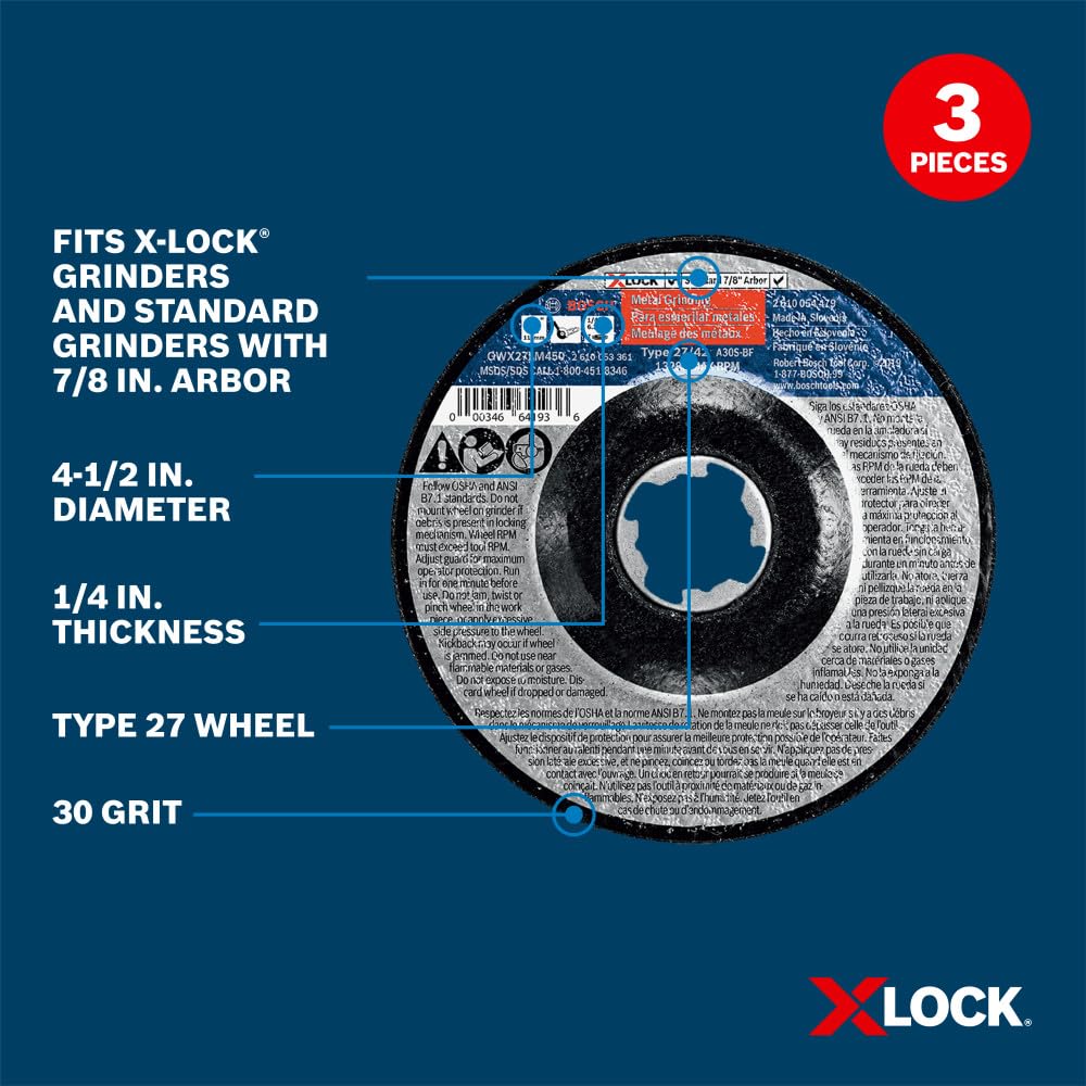 BOSCH GWX27LM450P3 4-1/2 In. X-LOCK® Metal Grinding Wheels - 3 Pack, 30 Grit, Type 27