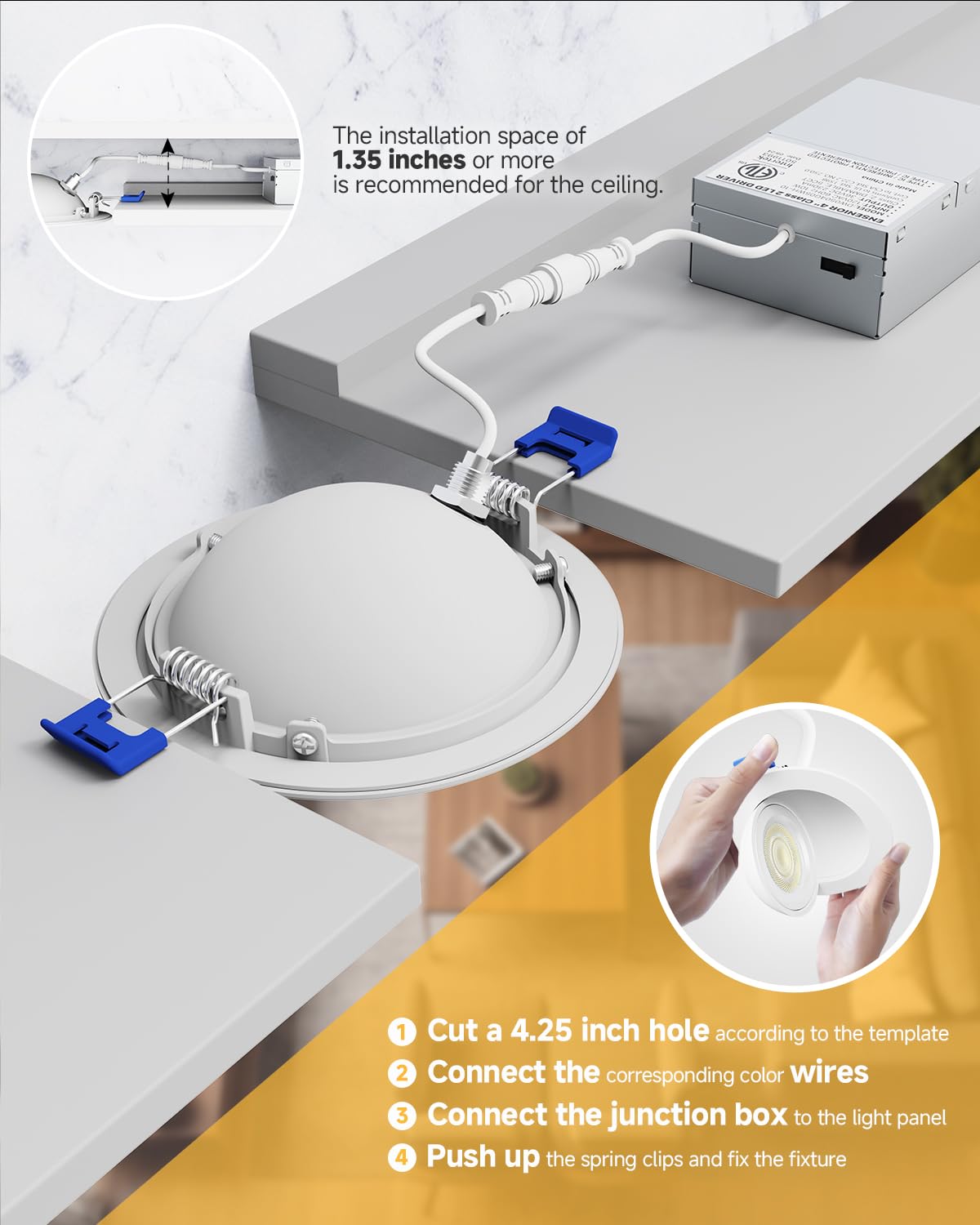 Ensenior 4-Pack 4" LED Gimbal Recessed Light, 5CCT Dimmable, 360°+90° Adjustable, 9W=85W, 900LM, 2700-5000K, ETL & FCC