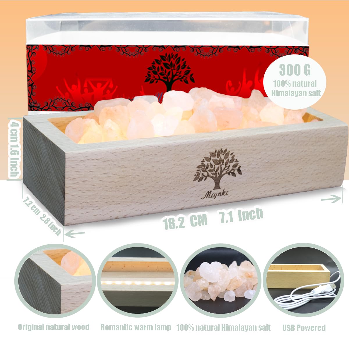 mlynkl Himalayan Salt Lamp Diffuser, 300g Pink Salt with Wooden Base, USB Powered Warm Light for Aromatherapy, Relaxation, Meditation, Home Décor, Gift