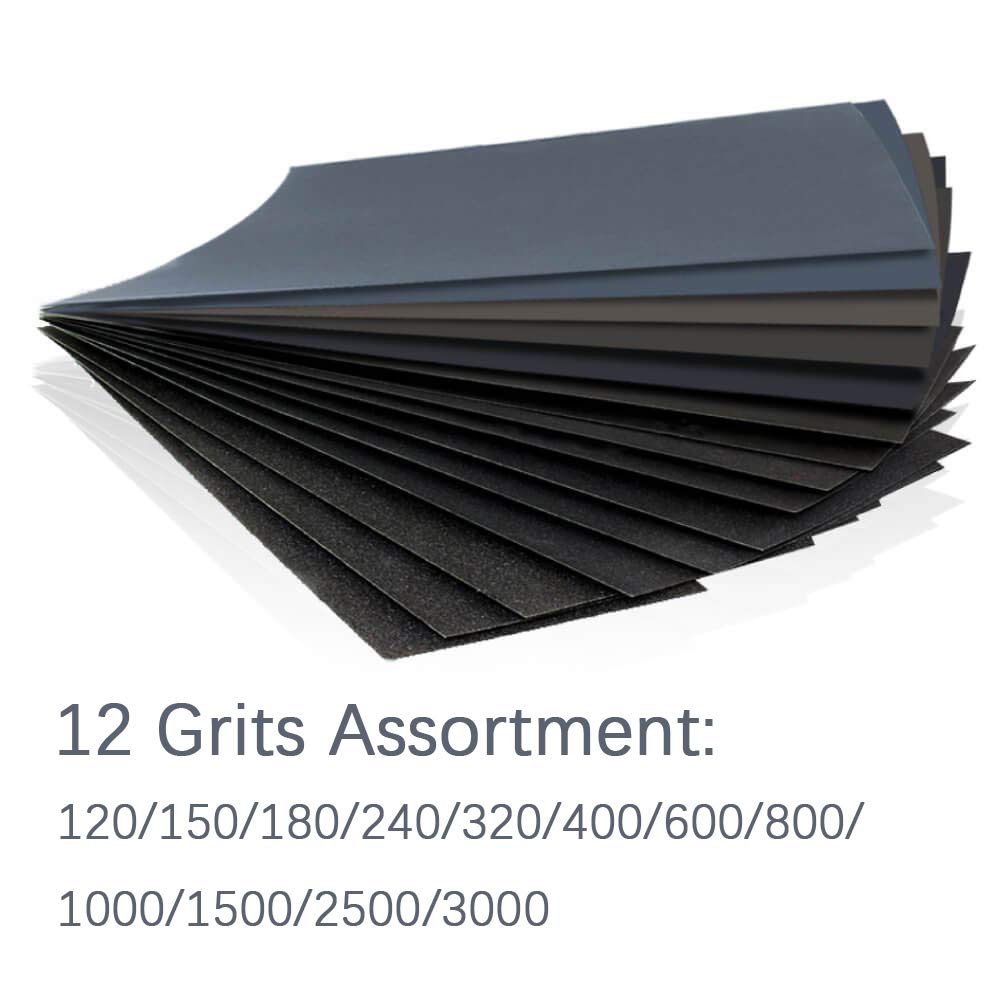 HSYMQ 24PCS Sandpaper Variety Pack, 12 Grits Assorted 120-3000 Grit for Wood & Metal, Wet & Dry Sanding Sheets