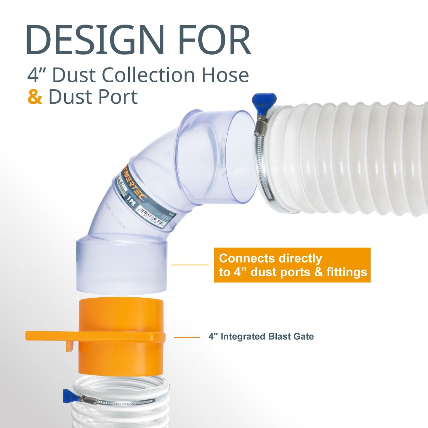 POWERTEC 4 Inch ID/OD 90 Degree Elbow for 4 Inch Dust Collection Pipes, Hoses, and Fittings, Clear, 1 Pack