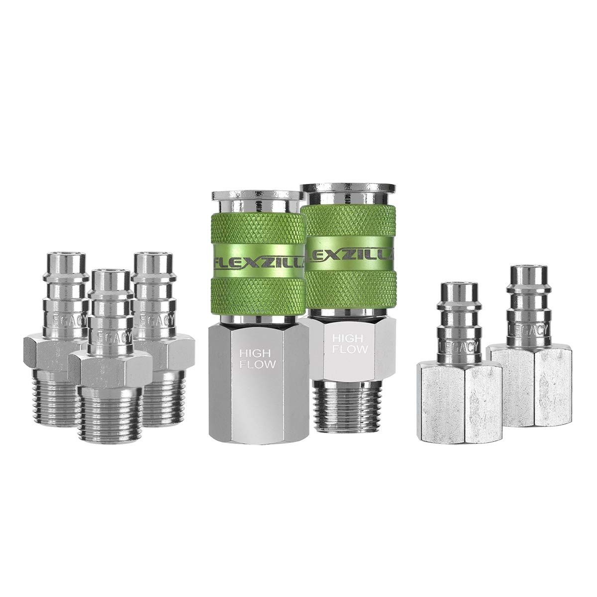 Flexzilla 7-Piece Pro High Flow Air Coupler & Plug Kit, 3/8" NPT, Push-to-Connect, Double Flow for Maximum Air Tool Efficiency