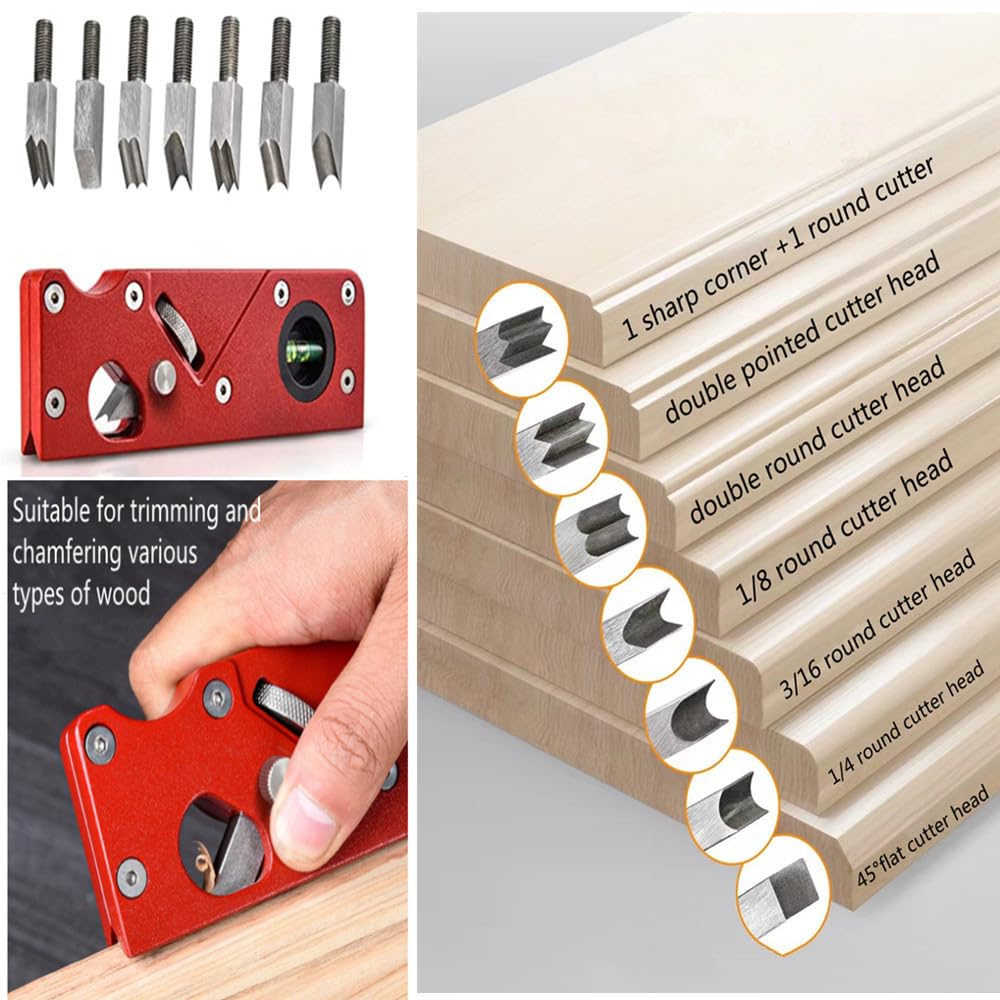 szhdxsy Wood Planer Edge Trimming Tool, Manual Chamfering & Planing, Quick Wood Edge Trimmer with 7 Cutter Heads, Red