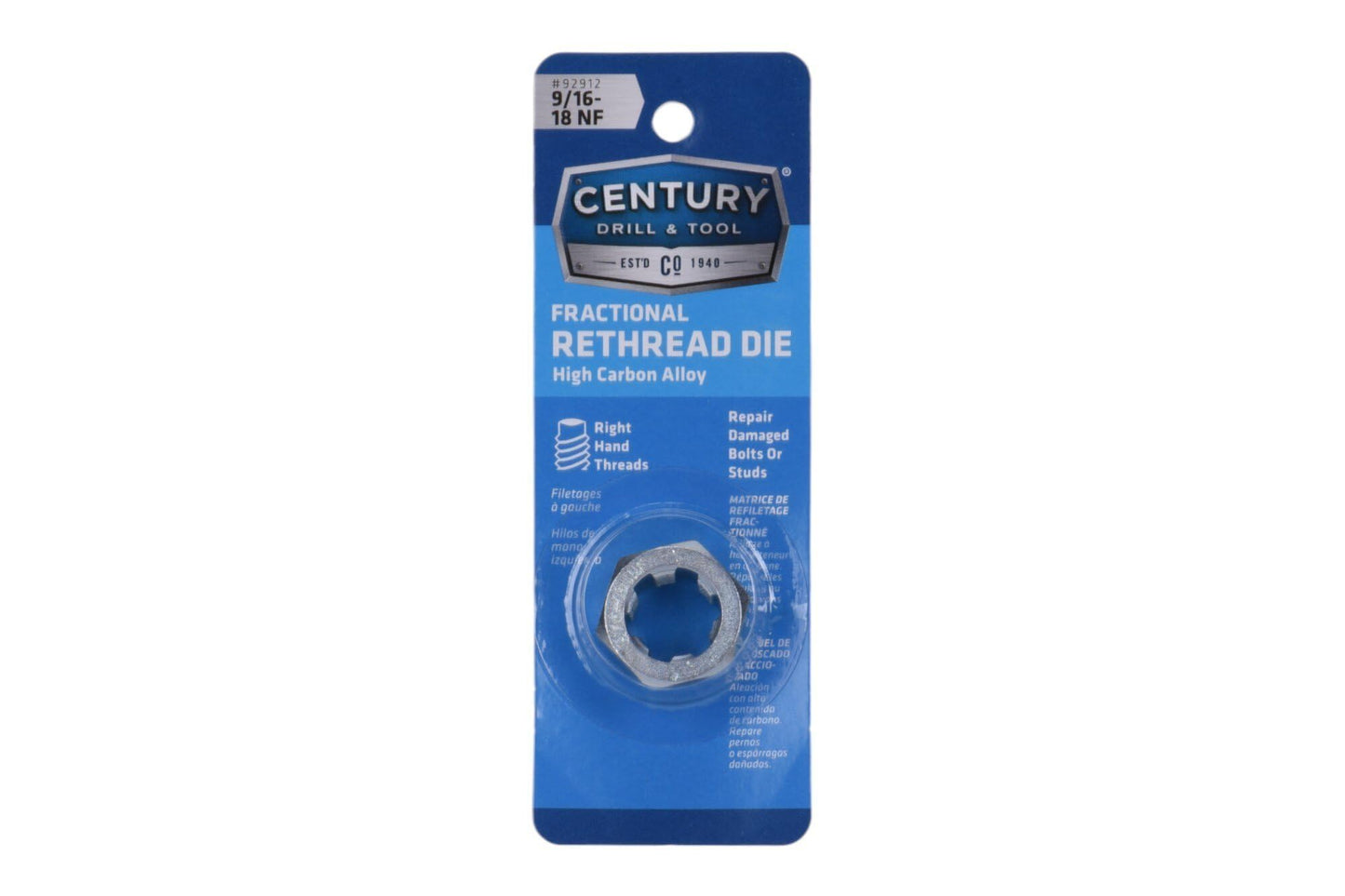 Century Drill & Tool 92912 9/16-18 NF, National Fine Fractional Right Hand Rethreading Die, High Carbon Steel, Fix Damaged Bolts or Studs
