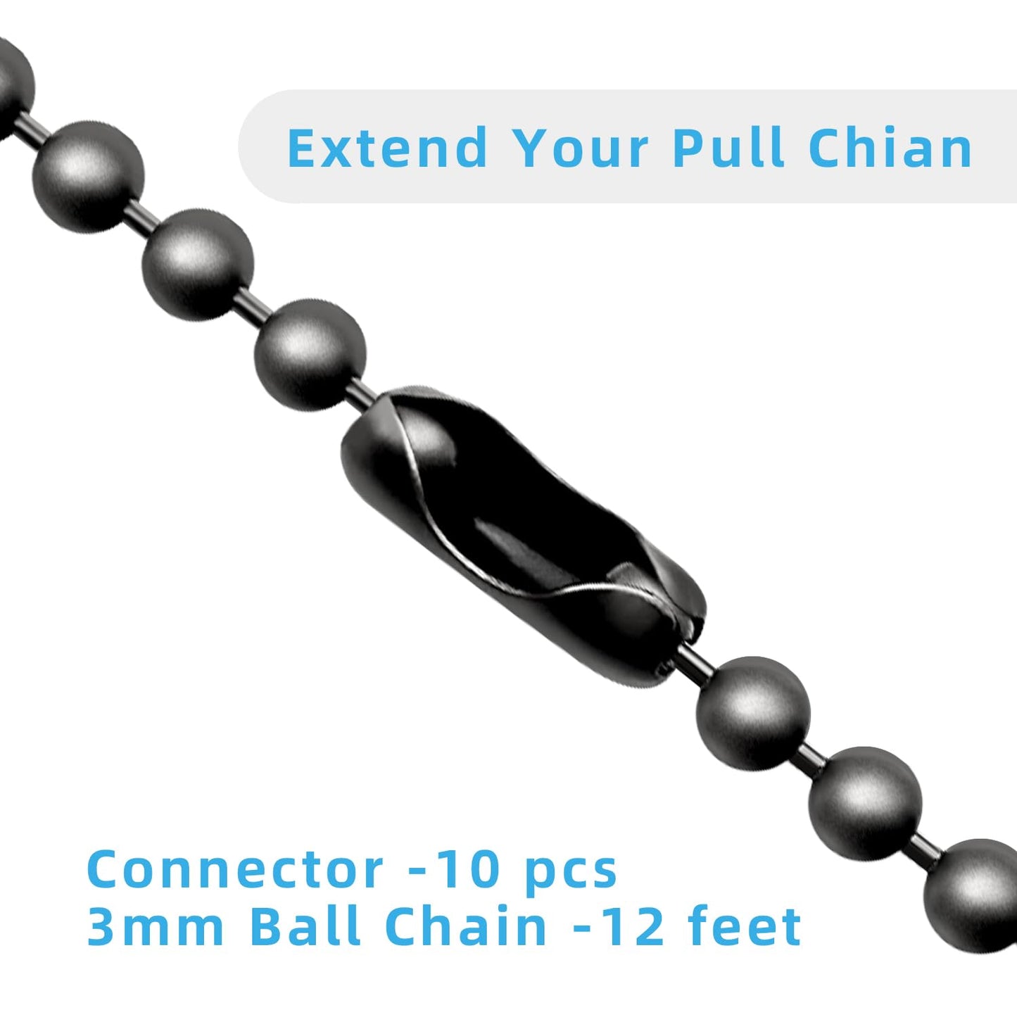 Ceiling Fan Pull Chain Extender, 12Feet 3mm Diameter Beaded Ball Fan Light Extension Pull Chain with 10 Matching Connectors(Black)