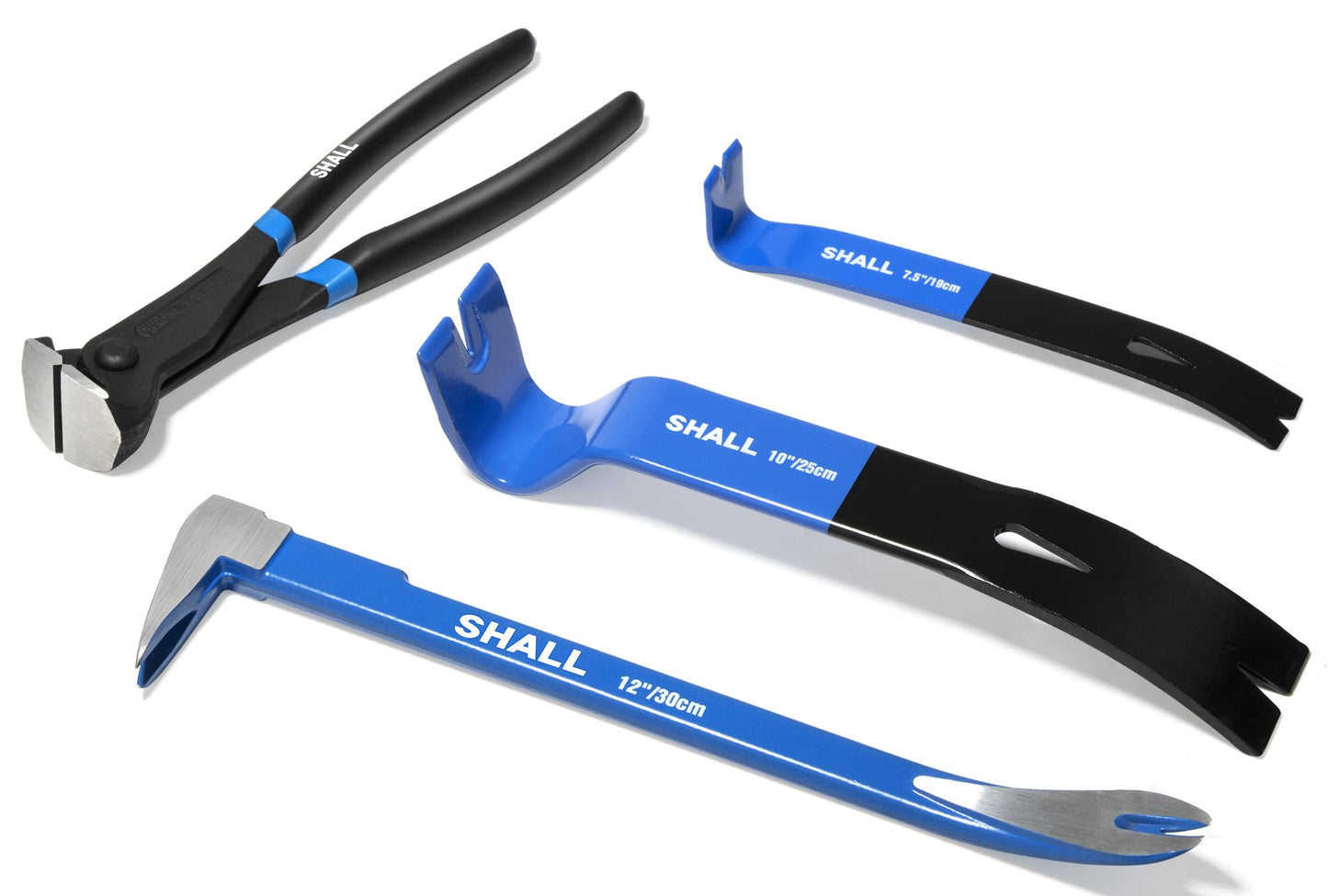 SHALL 4-Piece Pry Bar Set – 12" Cats Paw, 10" & 7.5" Flat Pry Bars, 8" End Cutting Pliers, Crowbar Nail Remover for Baseboards & Floors