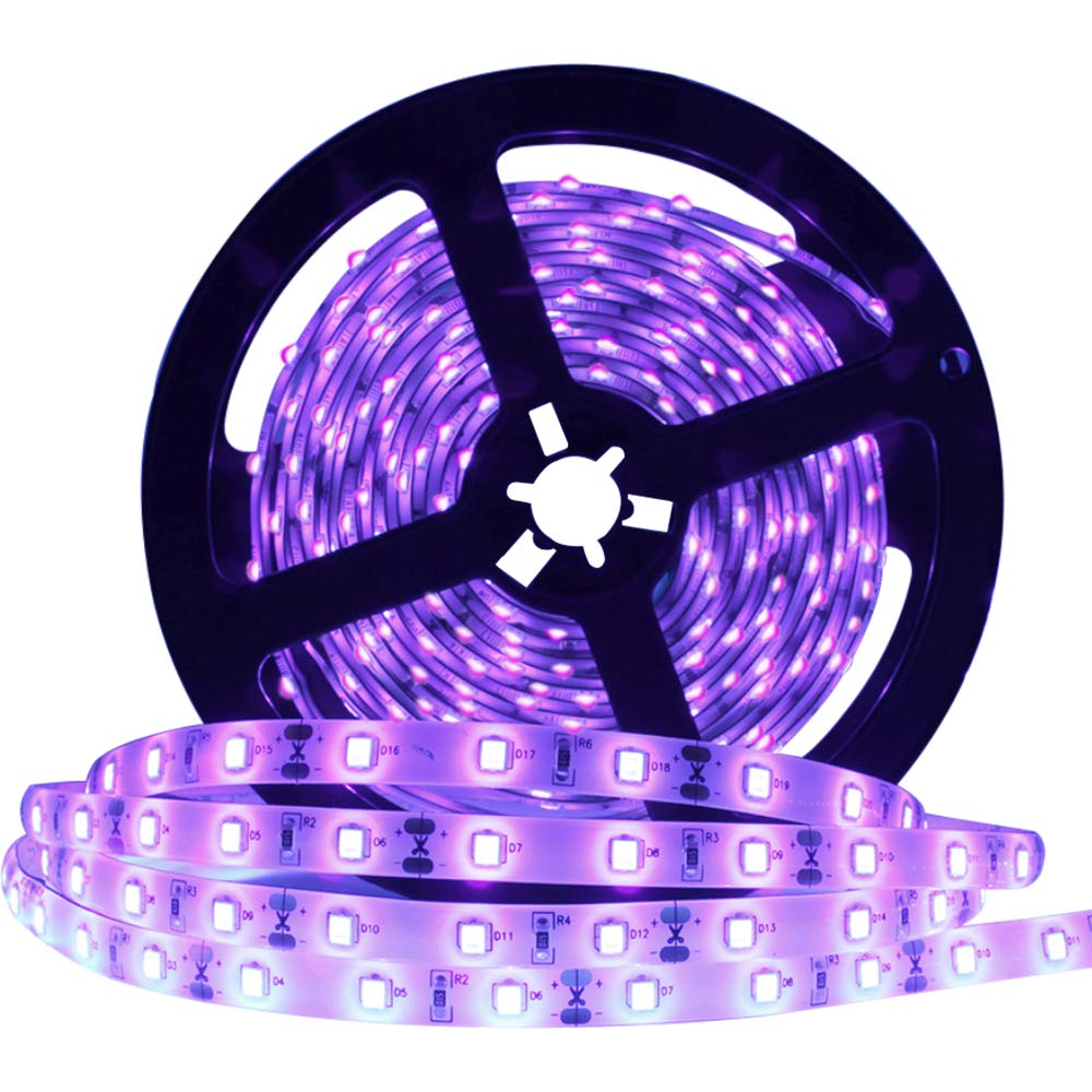 YGS-Tech 24W UV Black Light LED Strip 16.4FT (5M), 300 LEDs 395–405nm, Non-Waterproof Blacklight with Power Supply