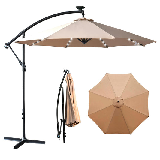 SereneLife 10ft Patio Umbrella with Solar LED Lights, Push Button Tilt, Easy Crank, 6-Rib Outdoor Umbrella with Cross Base