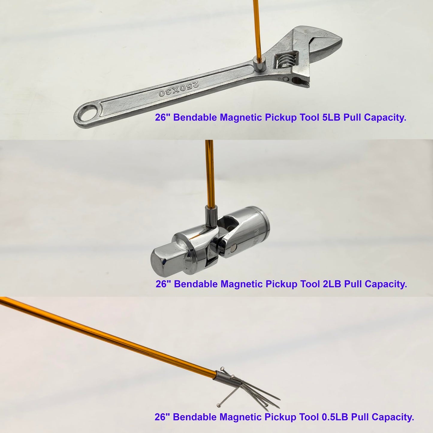 VASTOOLS Flexible Magnetic Pickup Tool Set,3 Pack, 4mm Magnet,7mm Magnet Magnet Stick, 26" Bendable Extension Magnetic Pickup 0.5lb, 2lb, 5lb