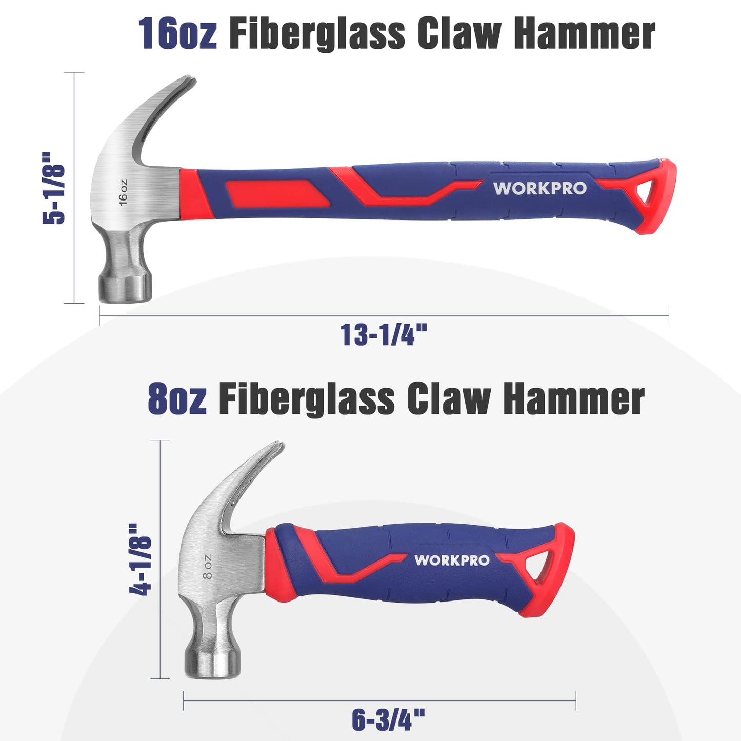 WORKPRO 2-Piece Claw Hammer Set, 8 oz Mini Stubby & 16 oz Fiberglass General Purpose, Soft Nonslip Handle & Heat Treated Head