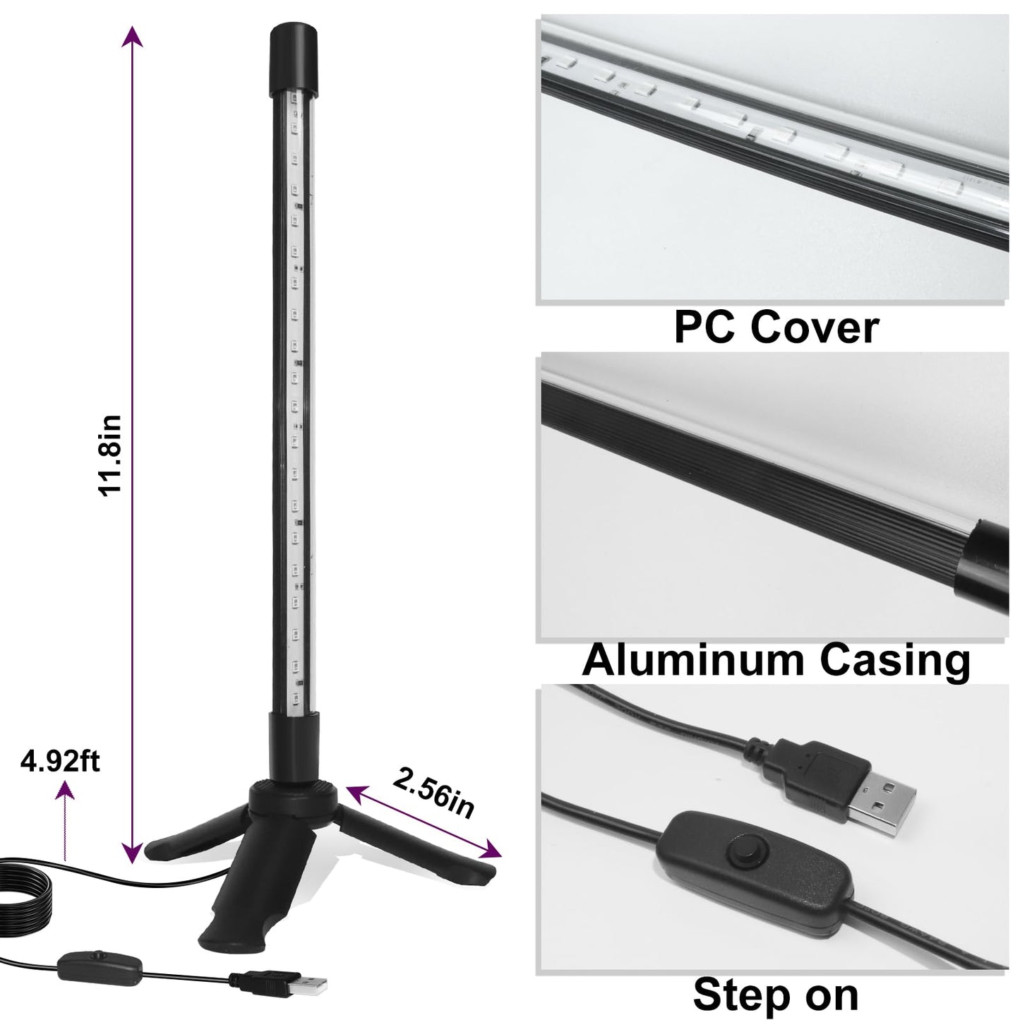 ycponggon 1-Pack LED Black Light with Stand, 10W 1FT Desktop Blacklight Fixture, Triangular Bracket, Vertical Table Light for Parties