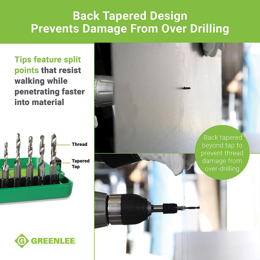 Greenlee DTAPKIT Drill/Tap Kit for Metal, One-Step Drilling, Tapping, and Deburring/Countersinking Set with Quick Change Adaptor, 6-32 to 1/4-20