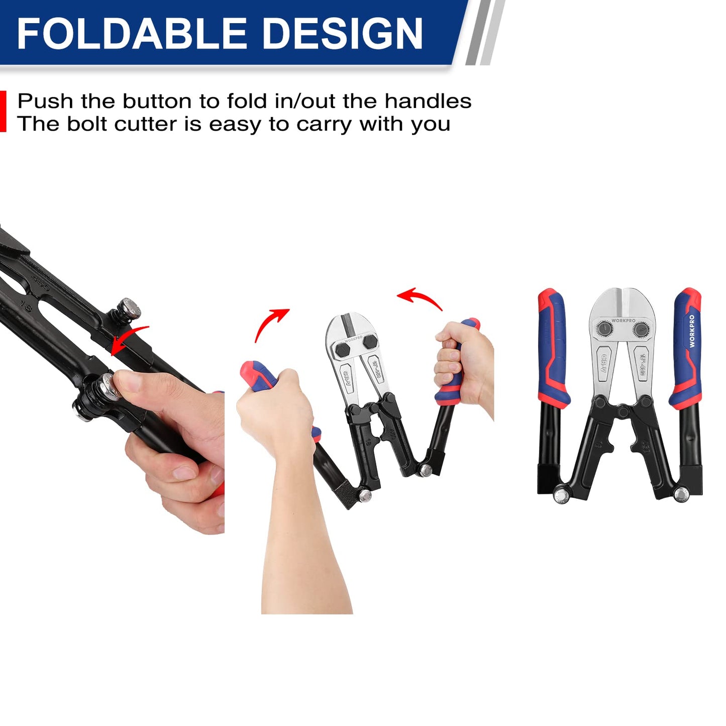 WORKPRO 18" Foldable Bolt Cutter with Comfort Grip, Chrome Vanadium Steel Blade for Rods, Bolts, Wires, Chains & Rivets