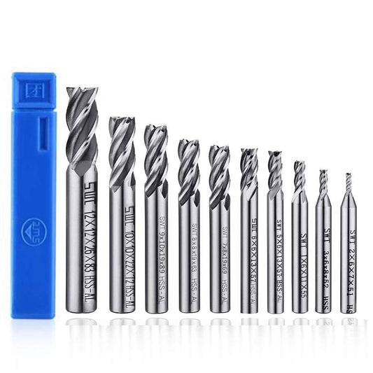 ASNOMY 10pcs 4-Flute End Mill Set, Metric CNC Milling Cutter Bits for Wood, Aluminum, Cast Iron, Copper & Plastic, 2–12mm Straight Shank