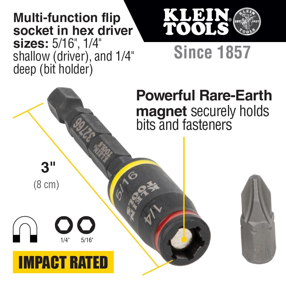 Klein Tools 32768 Impact Driver Set, 3-in-1 Socket & Bit Holder, Flip Socket with Nut Drivers, 1/4 & 5/16 Hex, 3- & 5-Inch, 2-Pc