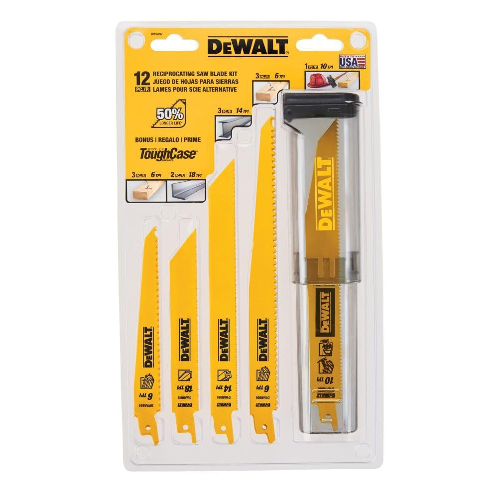 DEWALT Reciprocating Saw Blade Set for Metal Wood Iron, 12 Piece Bi-Metal Increased Durability Blades, with Storage Case (DW4892)