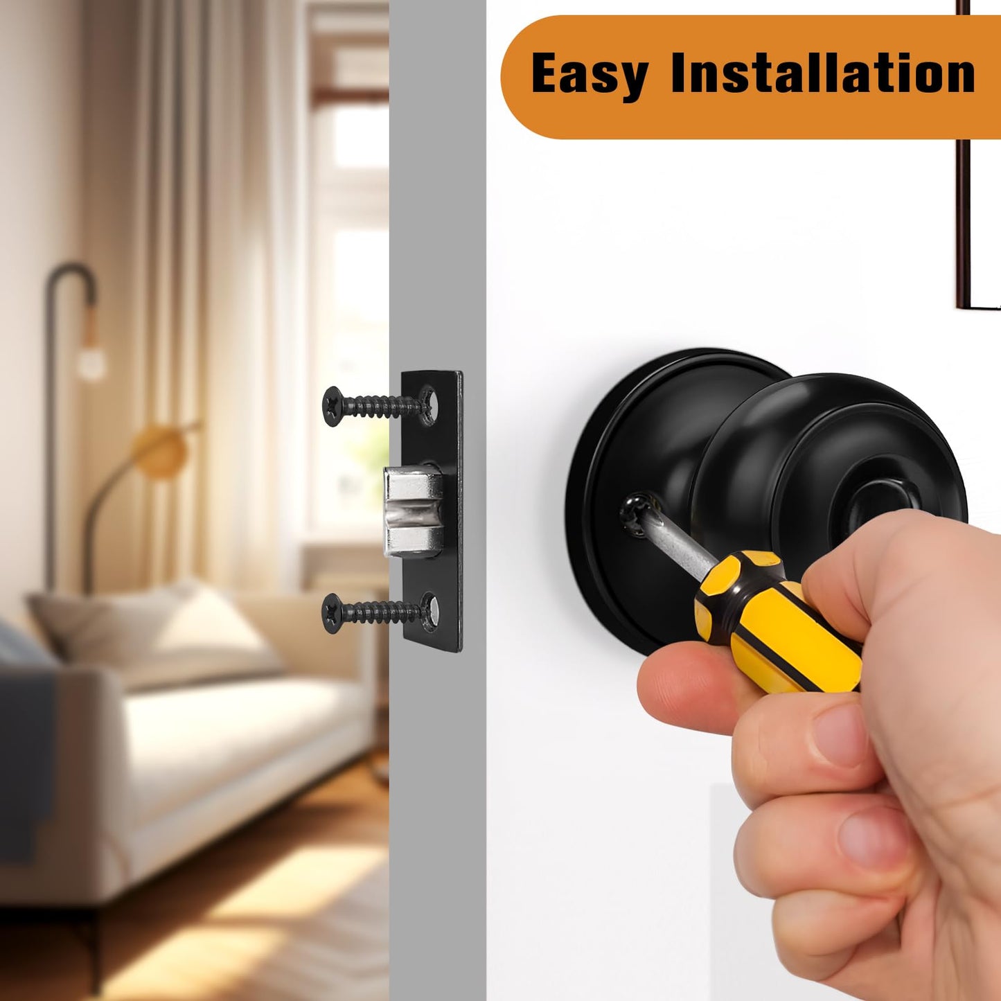 Probrico Black Door Knobs for Bedroom Bathroom, Interior Door Knob with Round Ball, Matte Black Privacy Door Knob, 6 Pack