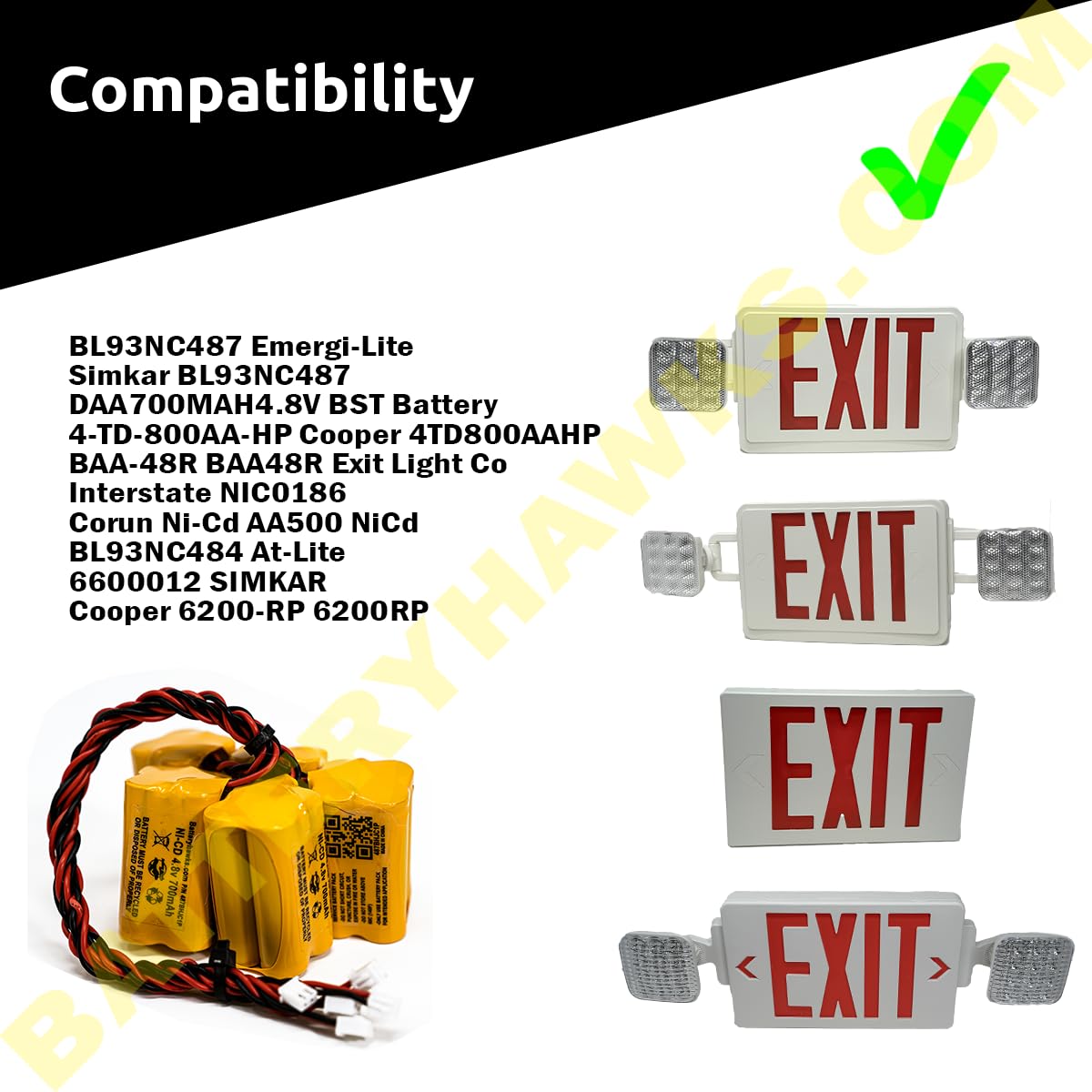 Emergi-Lite BL93NC484/485/487 4.8V NiCd Replacement Battery, 500-1100mAh, for Exit Sign & Emergency Lights