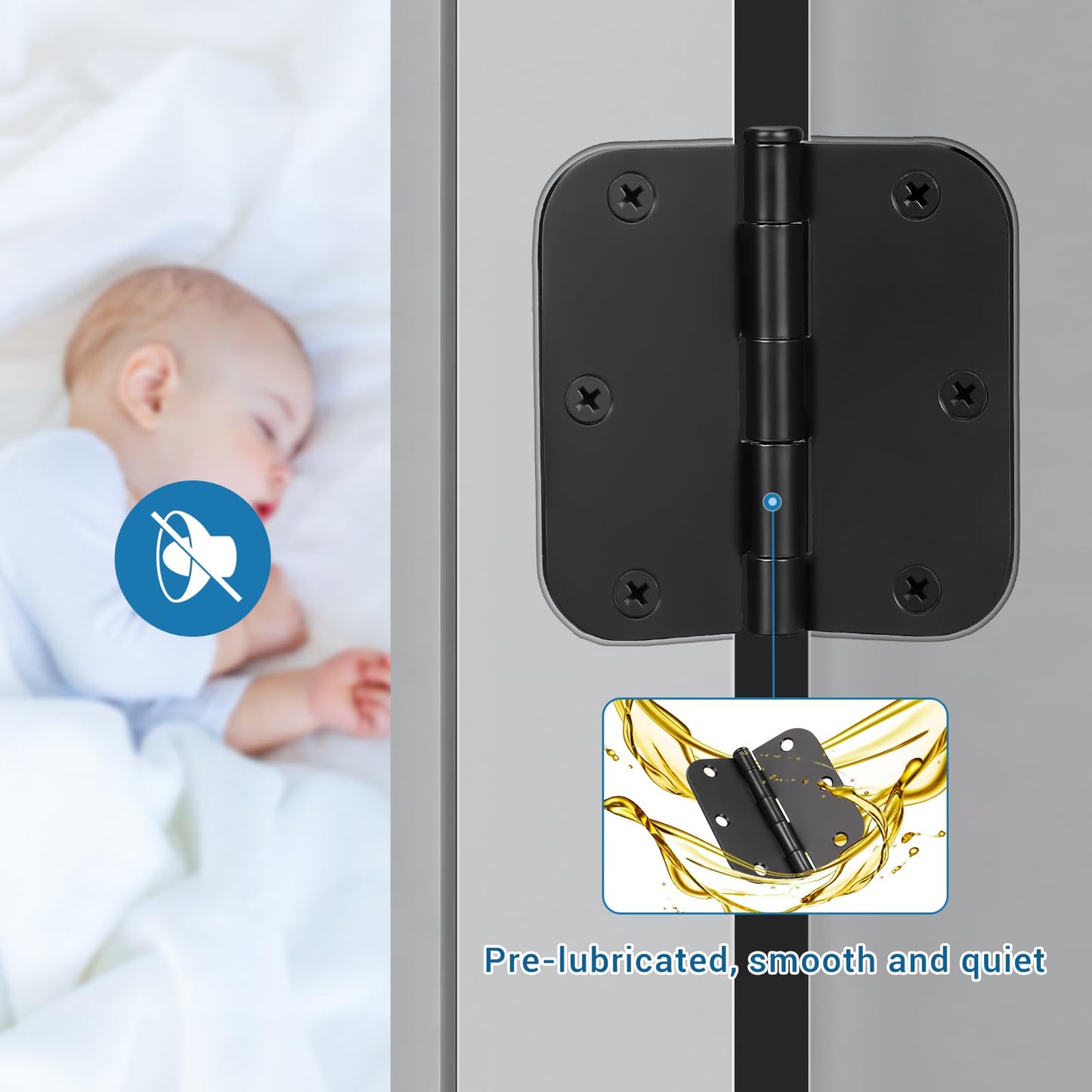 KNOBWELL 3 Pack Matte Black Door Hinges No Squeak 3.5" x 3.5" Heavy Duty Door Hinge with Black Finish, Interior Door Hinges, 5/8" Radius Corners