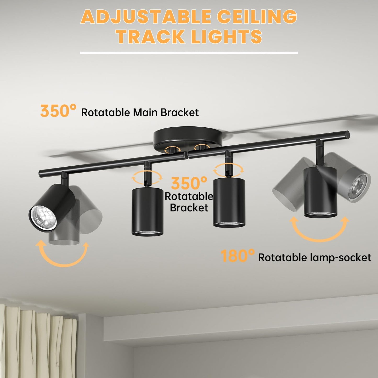 Lavendex 4-Light LED Track Lighting Kit, Black Ceiling Spotlights with Rotatable Heads for Kitchen, Living Room, Bedroom, Includes GU10