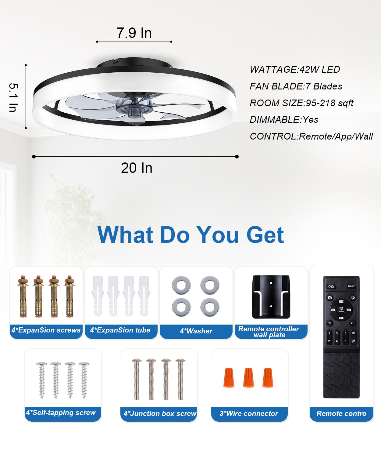 AQUBT 20" Modern Low Profile Ceiling Fan with Light & Remote, 6 Speeds, Adjustable Color Temp, for Bedroom, Kids Room, Living Room