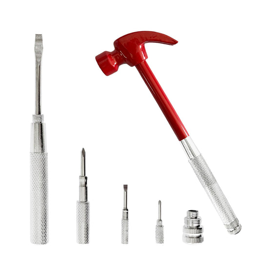 Red 6 in 1 Multitool Mini Hammer & Screwdriver Set - Camping Hand Tools with Metal Hammer Head