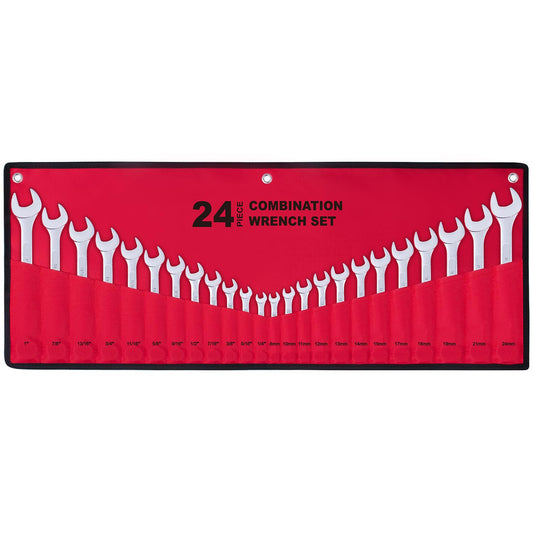 24-Piece All-Purpose Wrench Set with Roll-Up Pouch | SAE & Metric 1/4"-1" & 8-24mm | Ideal for Home, Auto, Garage & Travel Repairs