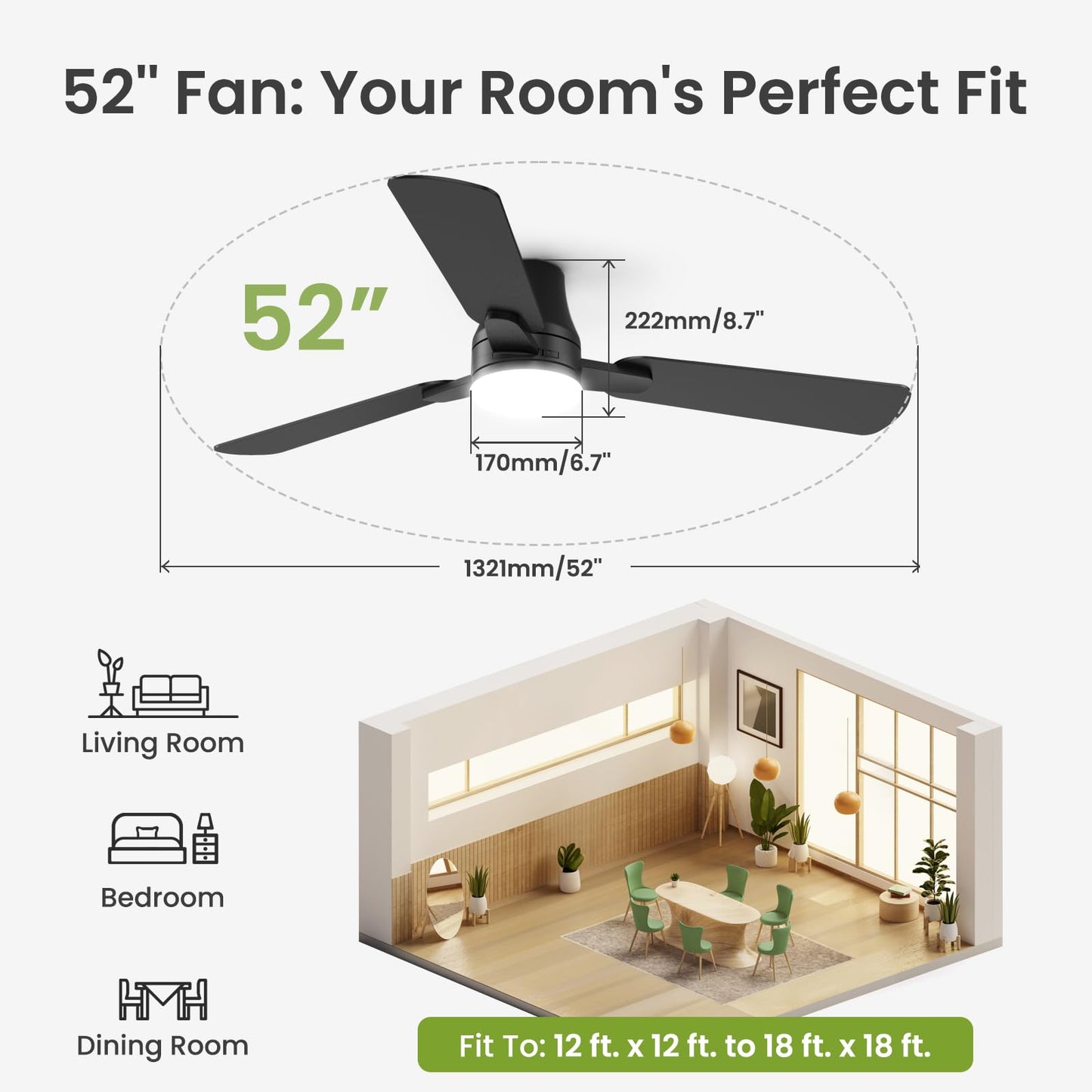 52” Low Profile Ceiling Fan with Lights & Remote, Flush Mount Modern Black, Quiet Reversible DC Motor, 3CCT Dimmable LED