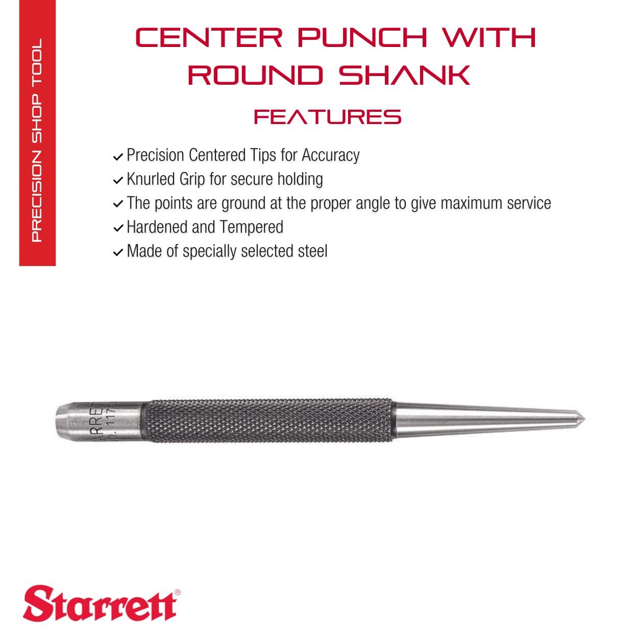 Starrett Steel Center Punch with Round Shank and Knurled Finger Grip - Hardened and Tempered, 4" Length, 1/8" Diameter Tapered - 117C