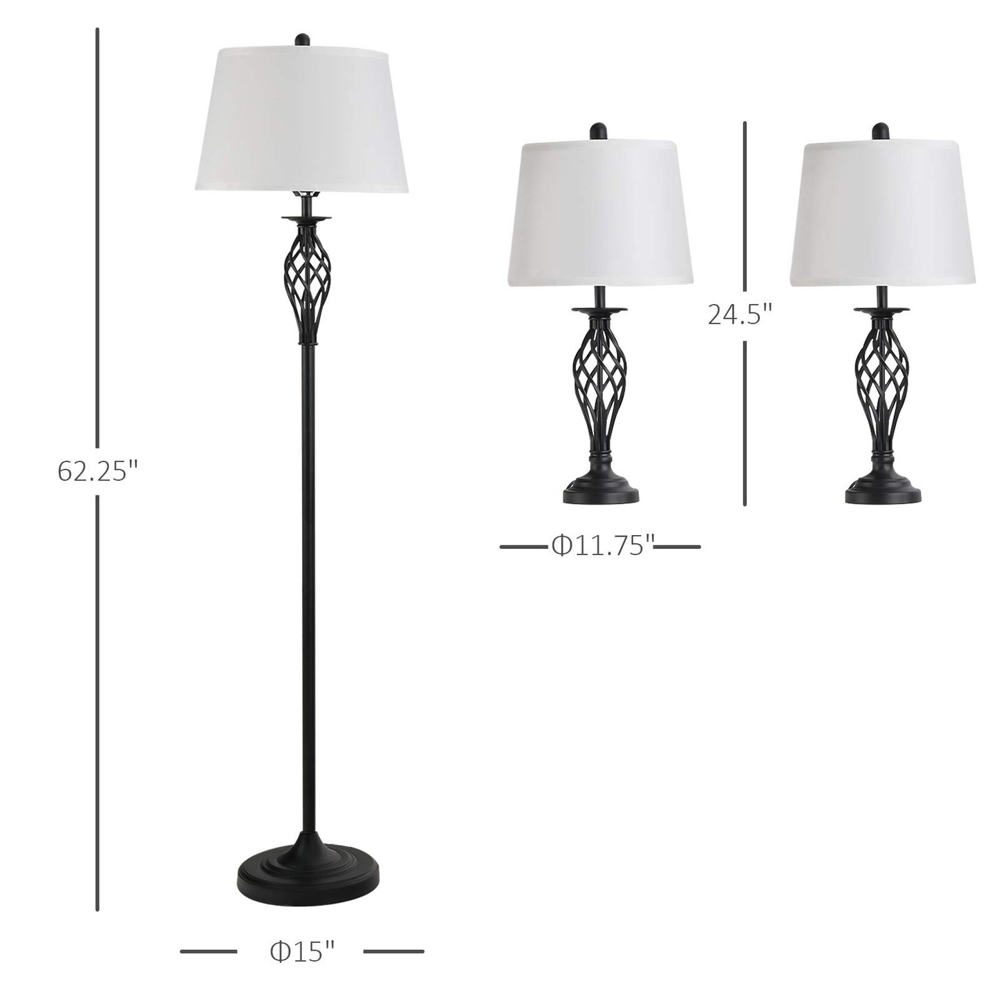 HOMCOM 3 Piece Table Floor Lamp Set with Metal Pole, Round Base, and Fabric Lampshade, for Living Room, Black/White