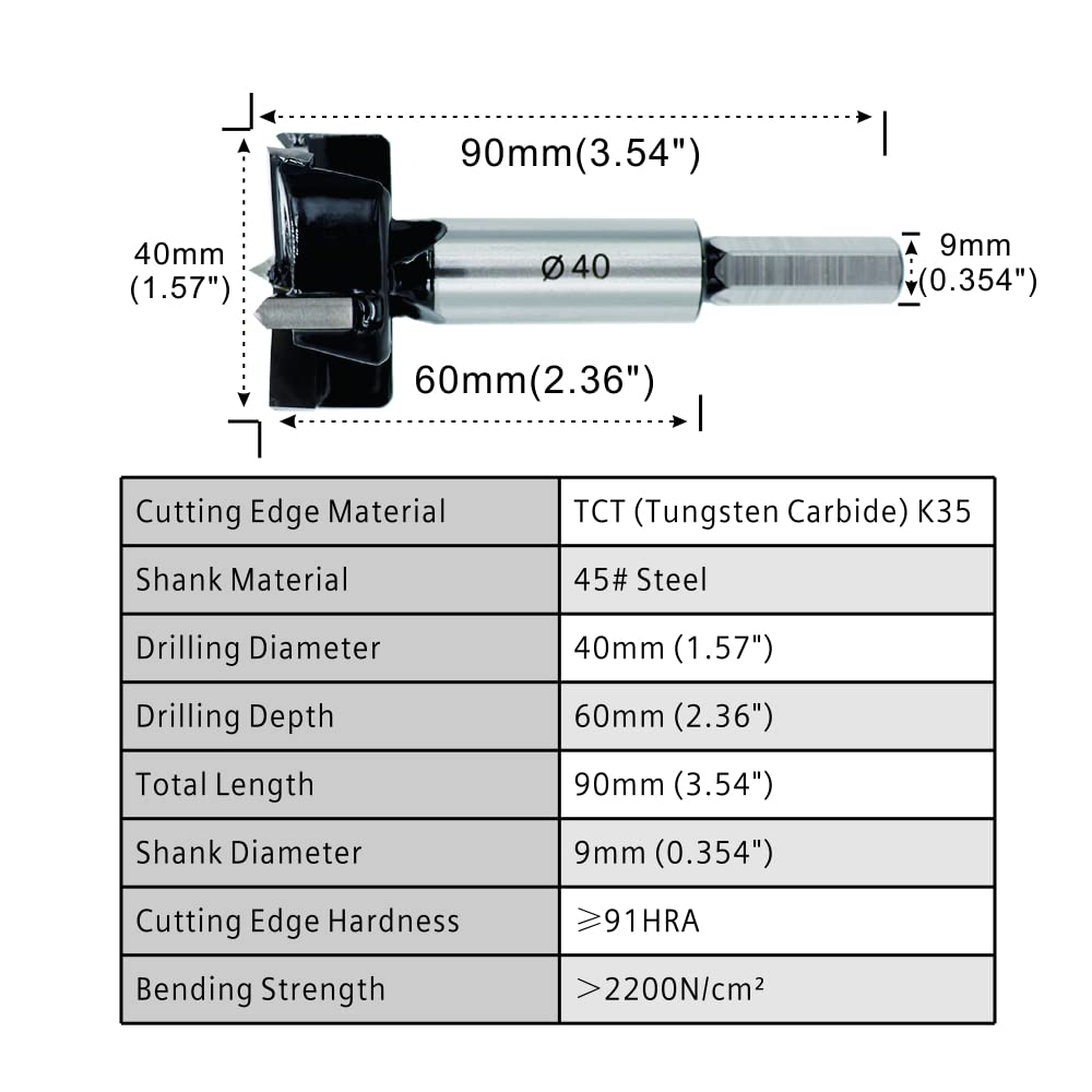 Forstner Drill Bit 40mm Tungsten Carbide, 3-Cutter Upgraded Wood Hole Saw, High-Hardness Woodworking Drill & Cutter Tool