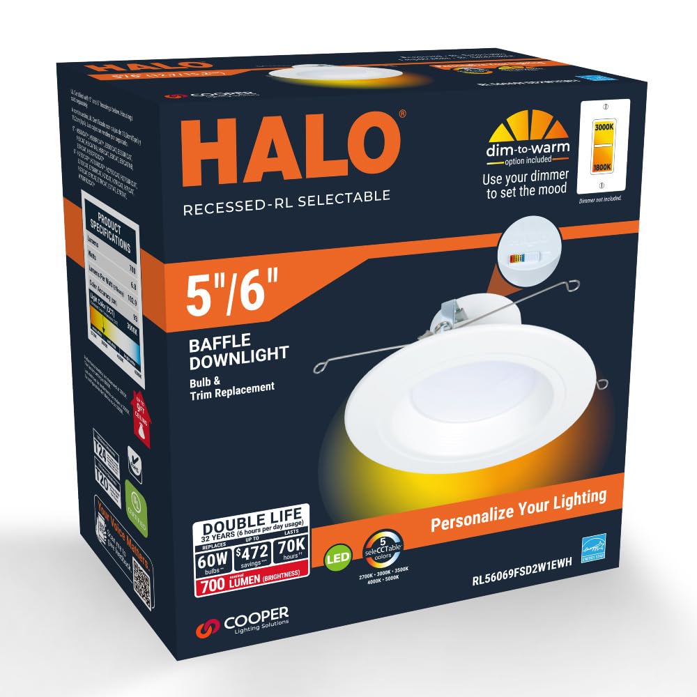**HALO 5/6 Inch LED Recessed Light Trim, Selectable CCT 2700K–5000K, Dimmable, Wet Location Indoor/Outdoor Downlight Retrofit**