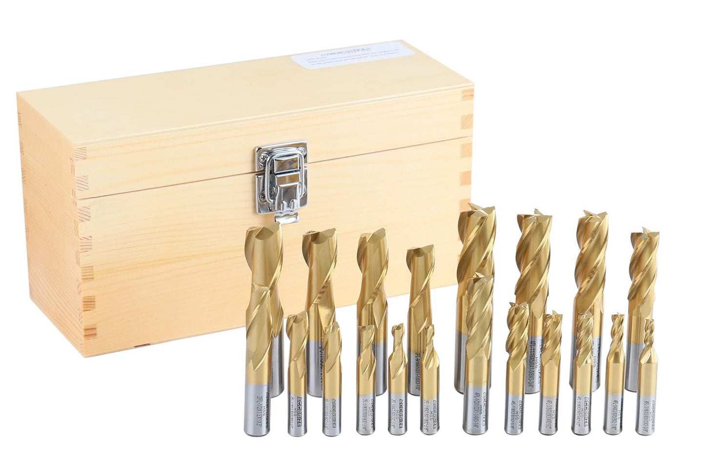 Accusize Industrial Tools 20-PC TiN-Coated H.S.S. End Mill Set, Inch Sizes 3/16" to 3/4", 2F and 4F, Straight Shank, Wood Case, 1810-0100