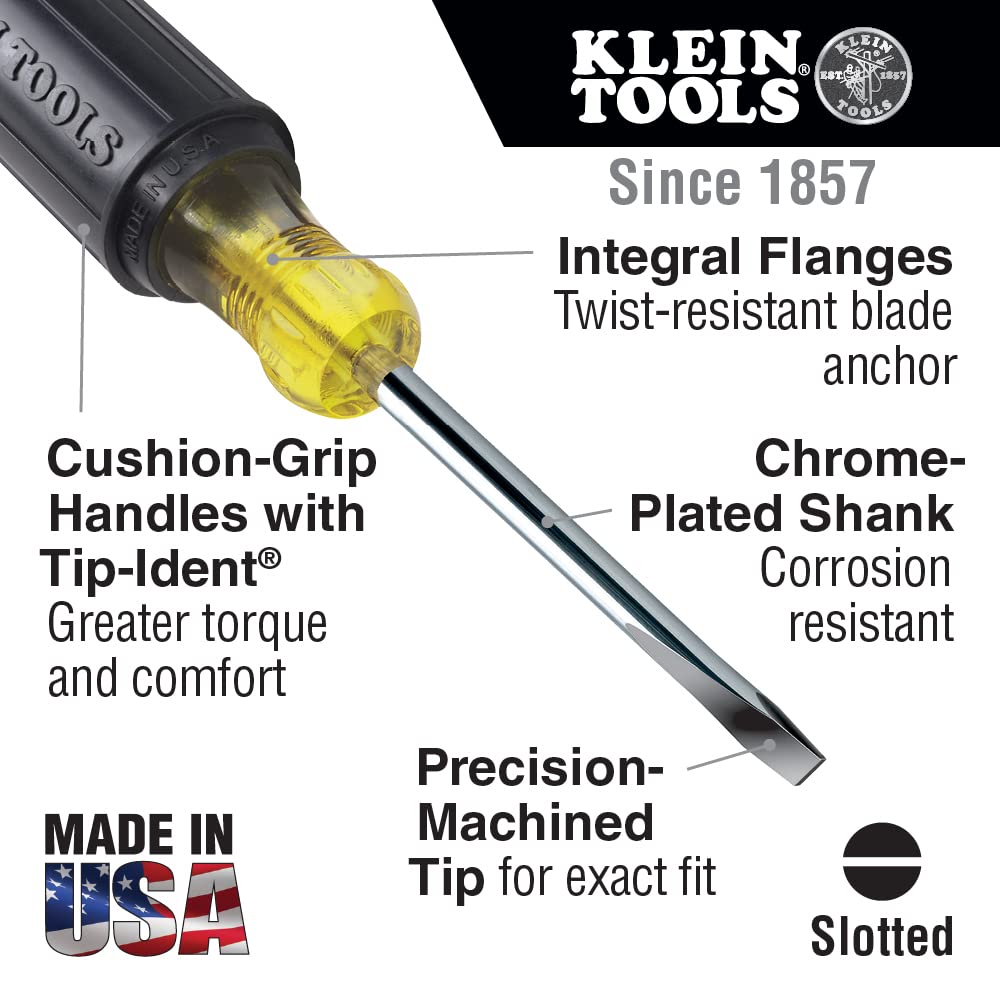Klein Tools 605-6 1/4-Inch Cabinet Tip Screwdriver, Made in USA, Heavy Duty, 6-Inch