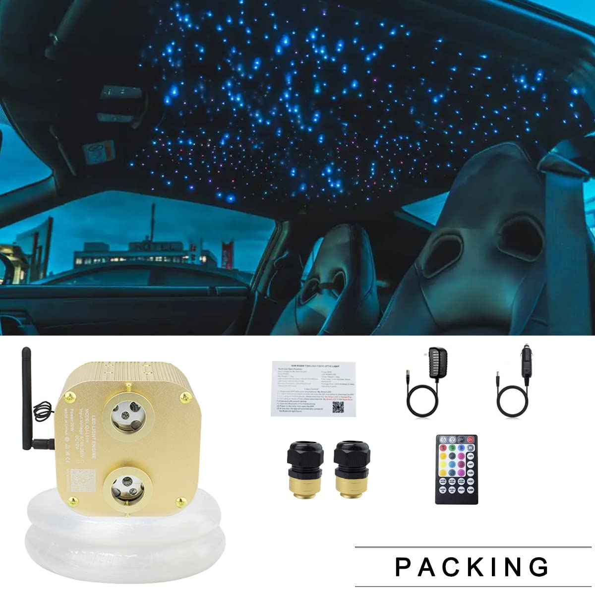 AZIMOM 20W Bluetooth Fiber Optic Star Ceiling Light Kit, 1100 Strands 13.1ft, RGBW, Sound Sync, Remote, Home & Car Decor
