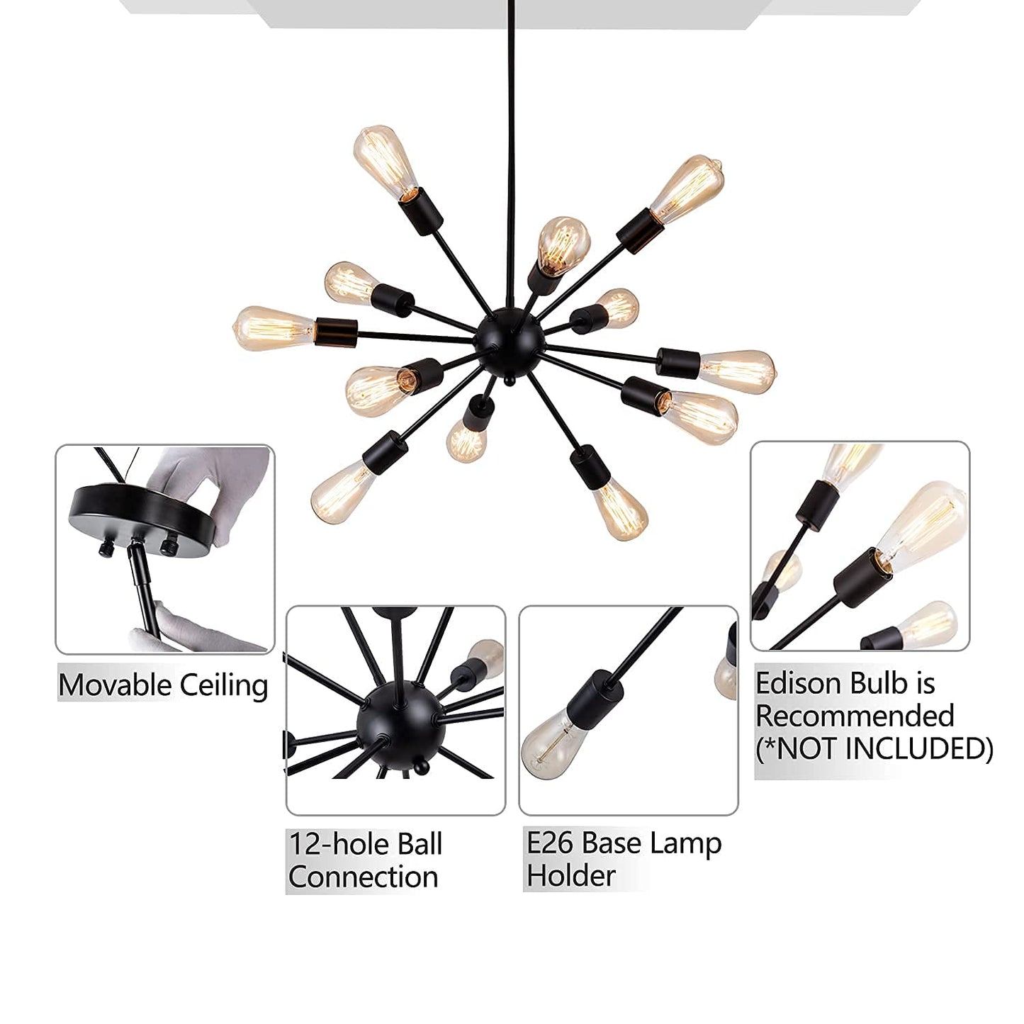 LIGHTDAMY Sputnik Chandelier Black 12-Light, Modern Mid-Century Industrial Pendant Ceiling Light for Living Room, Dining, Bedroom