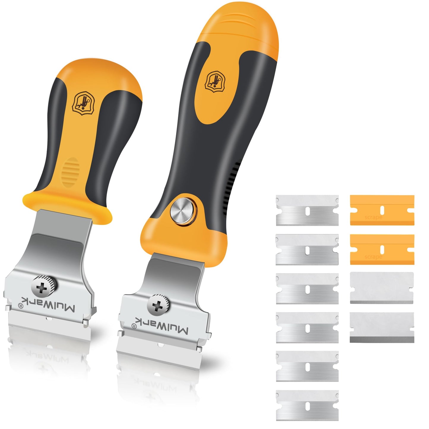 MulWark 2-Handle Razor Scraper Set with 12 Extra Blades, Extendable Heavy-Duty Tool for Paint, Glass, Windows & Oven Cleaning