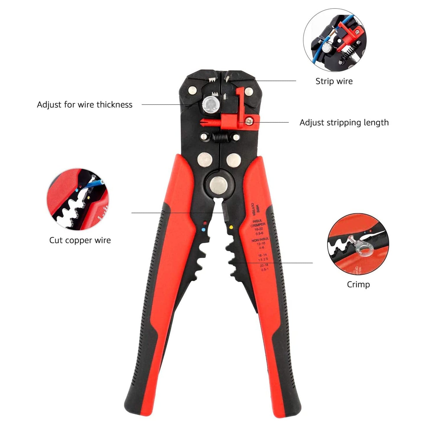 Amazon Basics Professional Self-Adjusting Wire Strippers and Crimper Tool, Black/Red