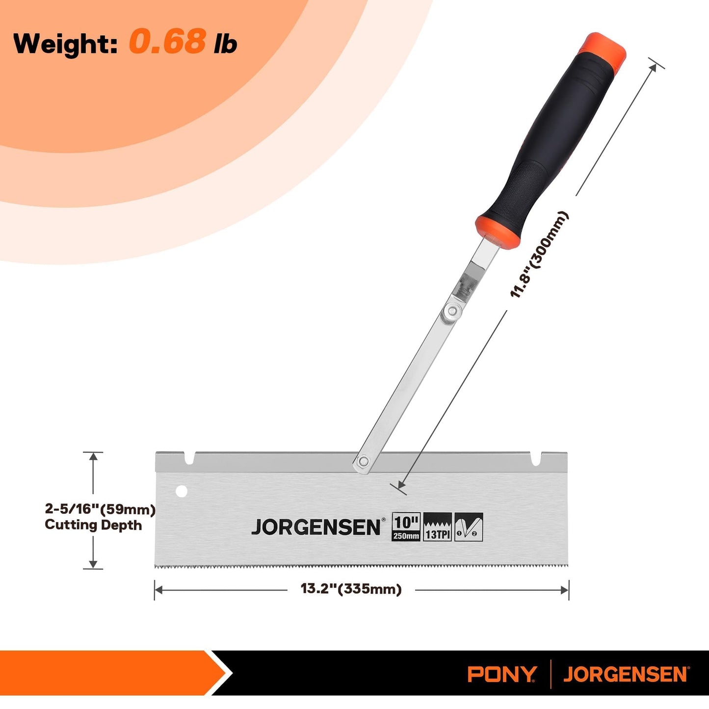 JORGENSEN 10" Dovetail Reversible Jamb Saw, 13TPI Double Ground Teeth, Flush Cut, Spring-Loaded, Cranked Soft Handle for Doors & Tiles