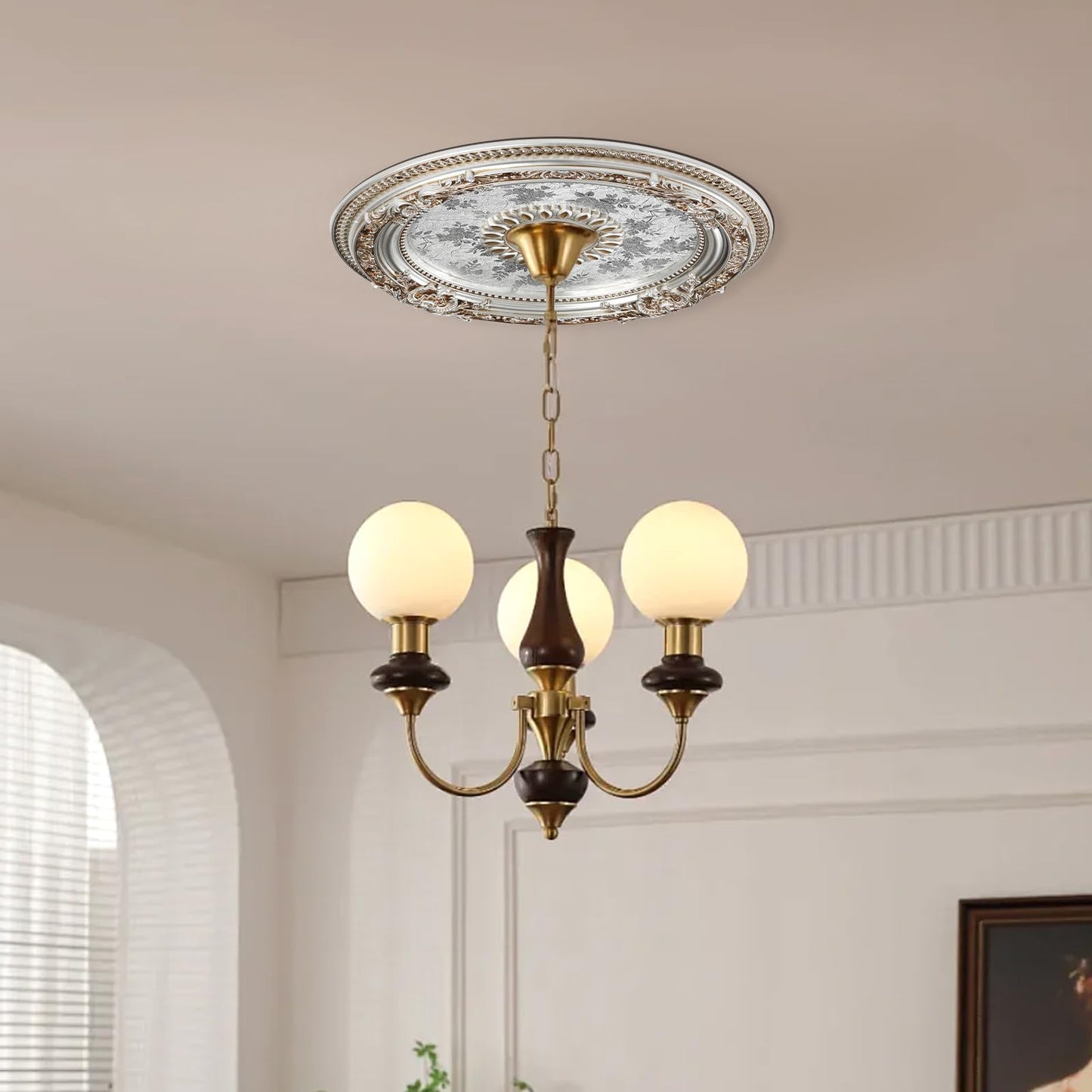 KIOMIMI 24.4 inch Decorative Ceiling Medallion for light fixtures, Silver and Gold Finish