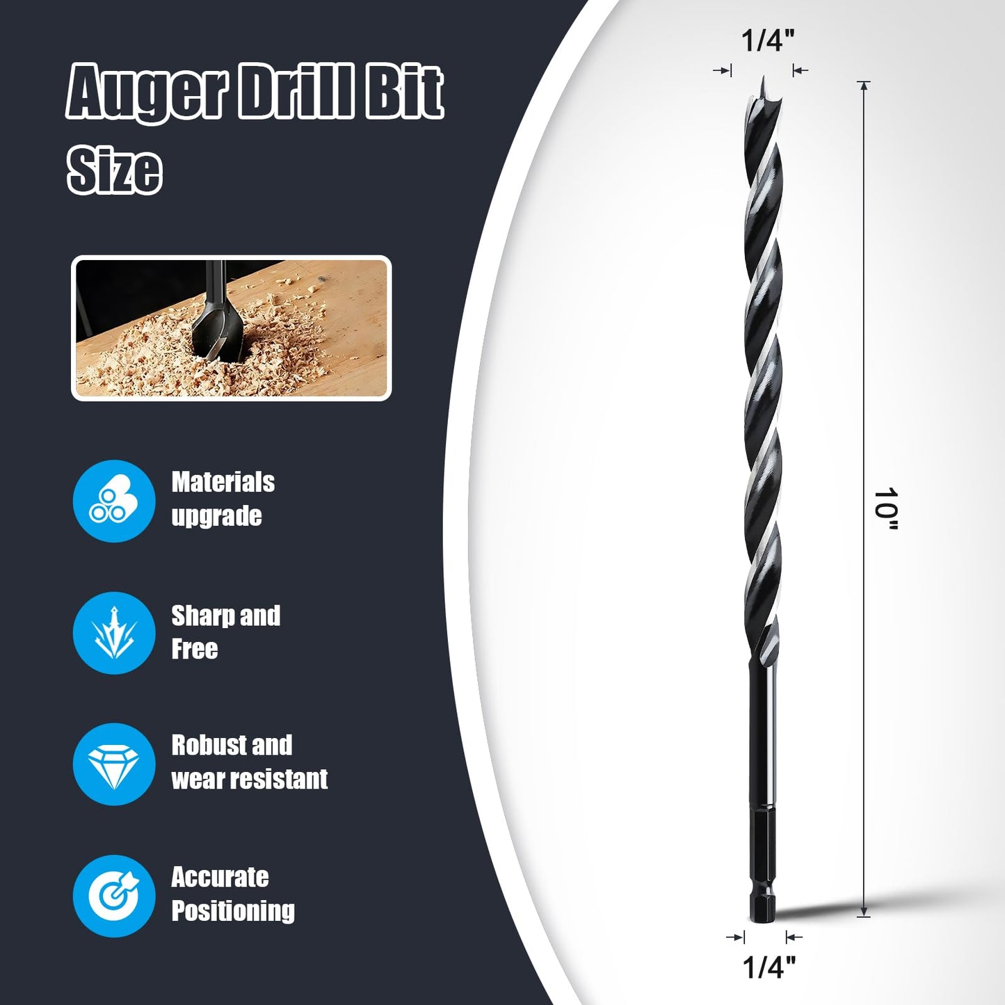 1/4" x 10" Auger Drill Bit for Wood, Hex Shank Tri-Flute Ship Auger Bit for Soft & Hard Wood, Plastic, Drywall & Composites