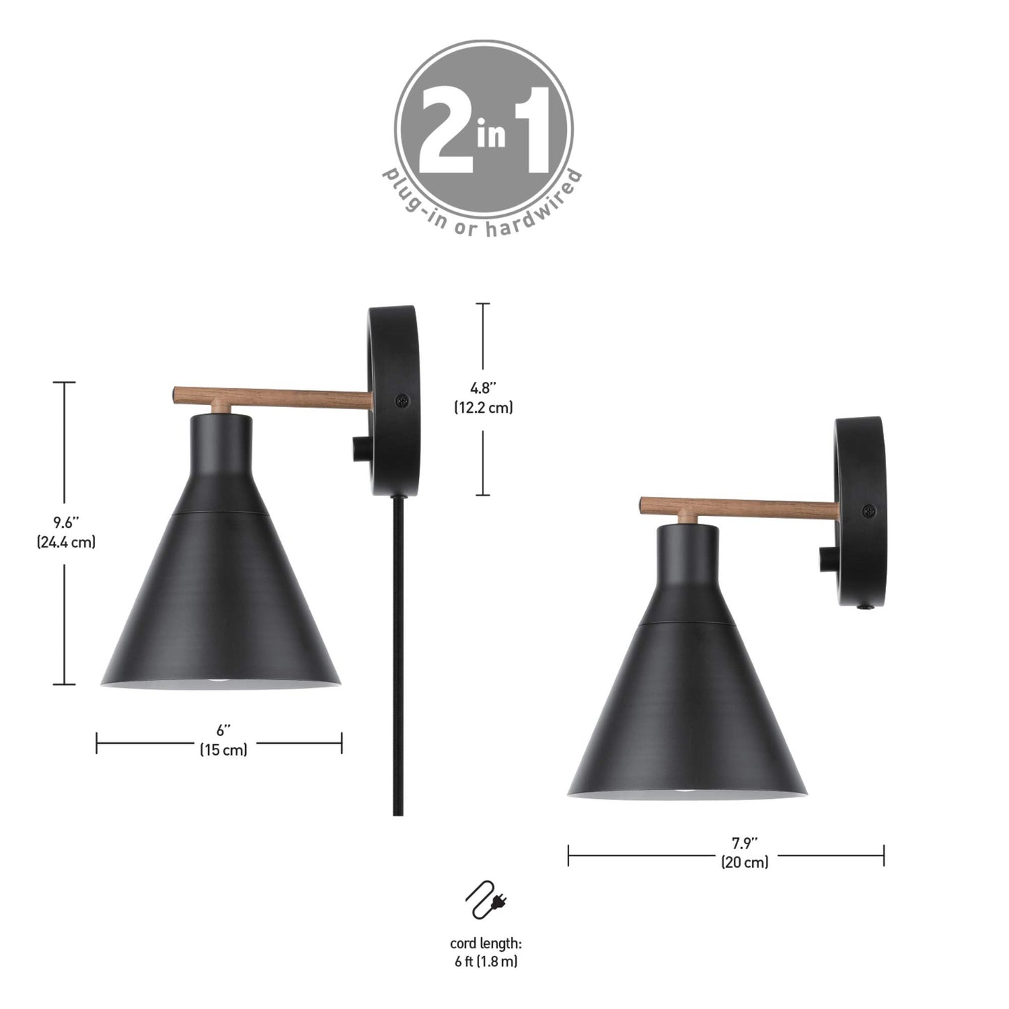GLOBE Electric 51725 1-Light Wall Sconce, Matte Black & Faux Walnut, Dimmable Plug-In or Hardwire, Stepless Rotary Switch, Bulb Not Included