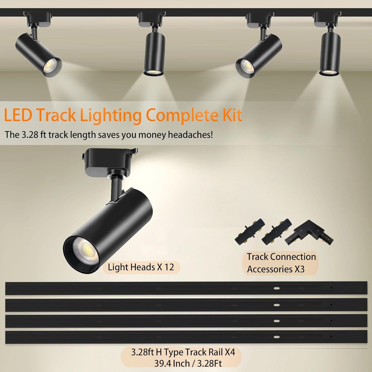 Bravsekai 12-Head Black H Track Lighting Kit, 20W 6000K LED, 2400lm, Dimmable, 13.1FT Rails, Modern Indoor Spotlight Fixture