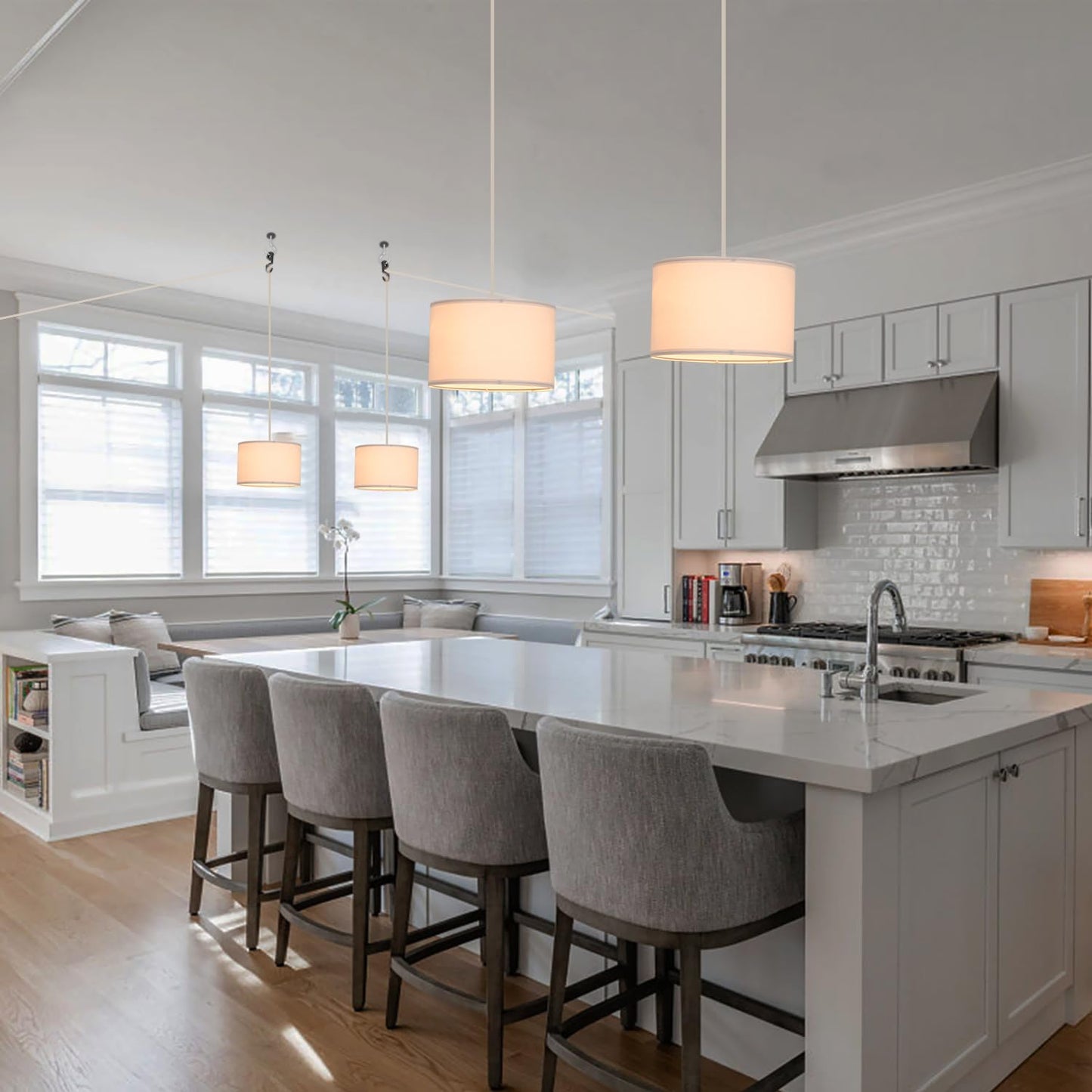 **IHENGYANLT 2-Pack Plug-In Pendant Light with 15ft Clear Cord, On/Off Switch, White Fabric Shade for Bedroom & Kitchen**