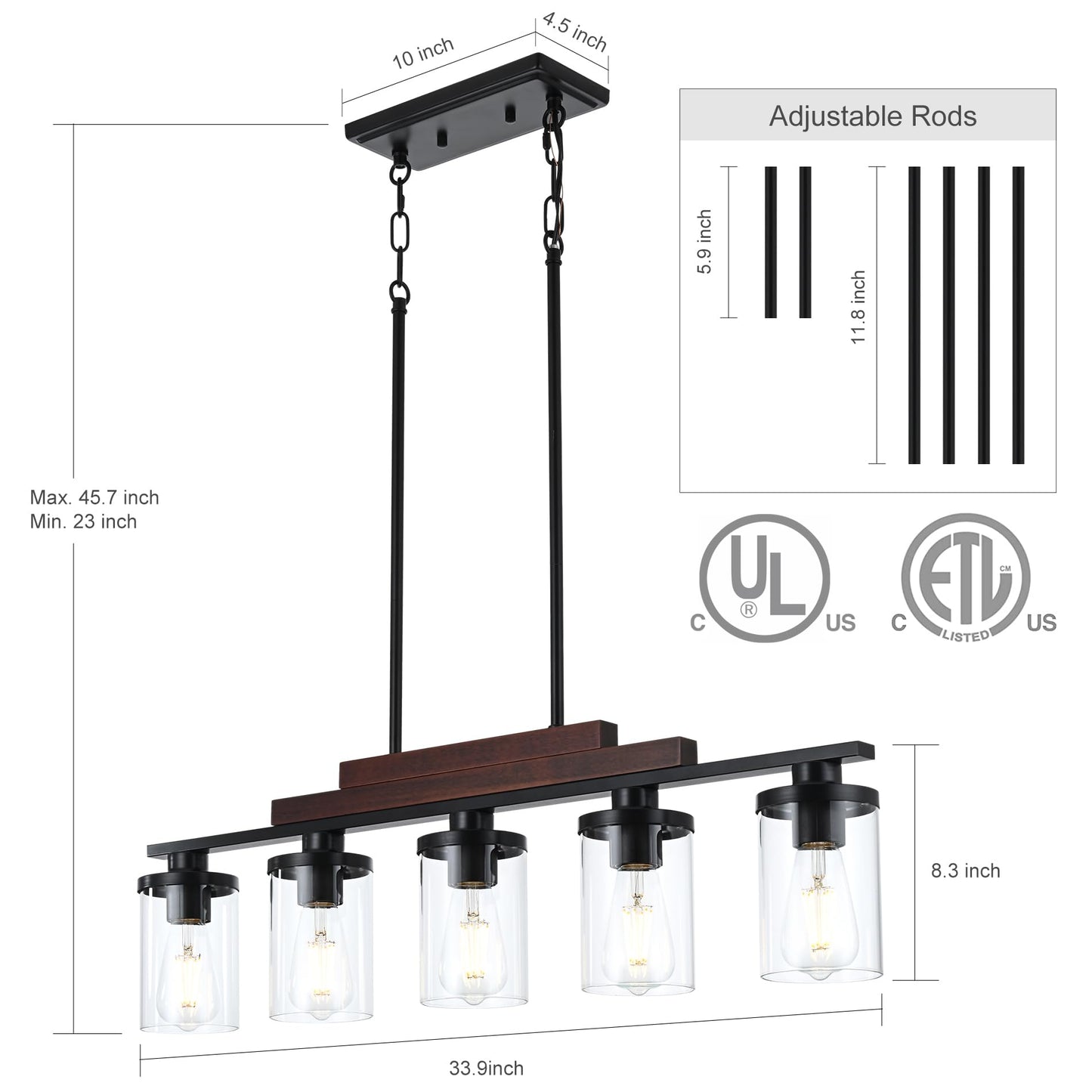 5-Light Farmhouse Chandelier, Matte Black & Wood Linear Pendant for Dining Room or Kitchen Island with Clear Glass Shades